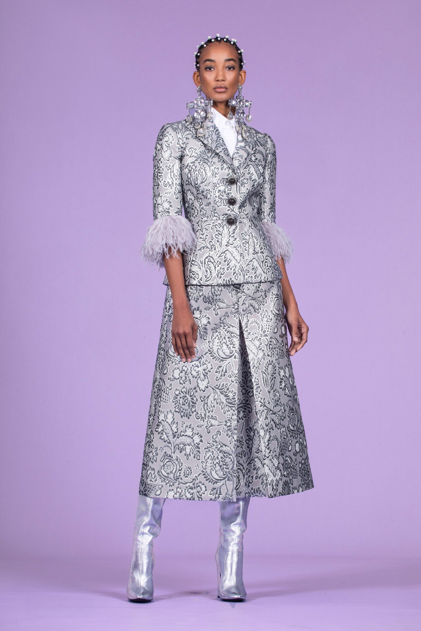 gray silk slit fitted high-waisted a-line skirt