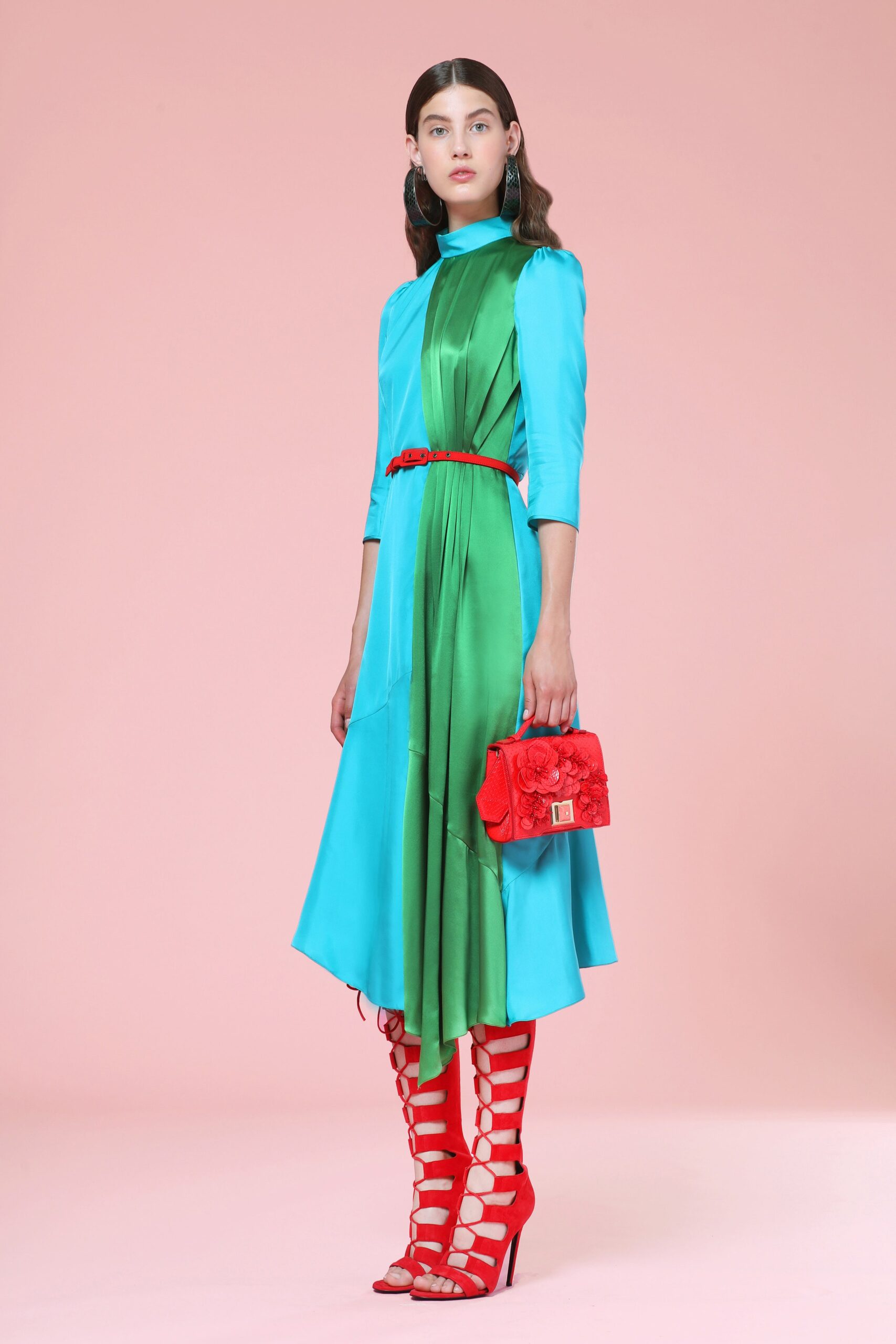 blue and green pleated midi dress