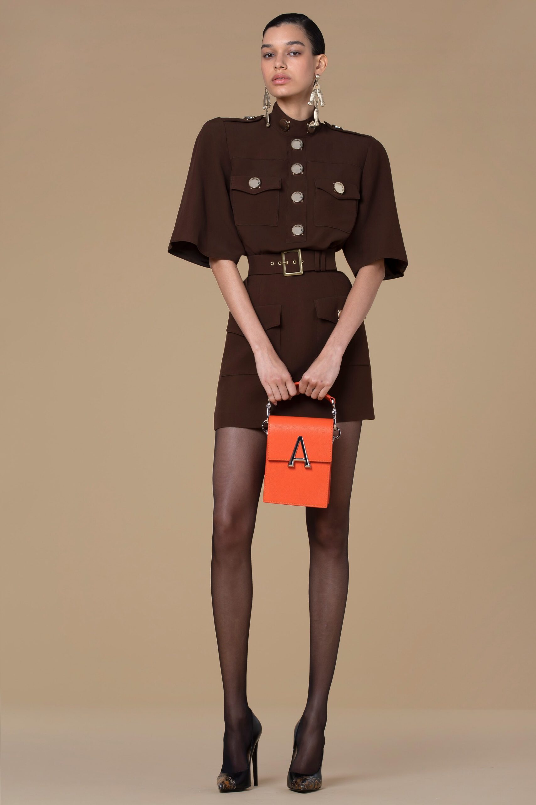 brown cotton short-sleeve collared fitted buttoned belted dress