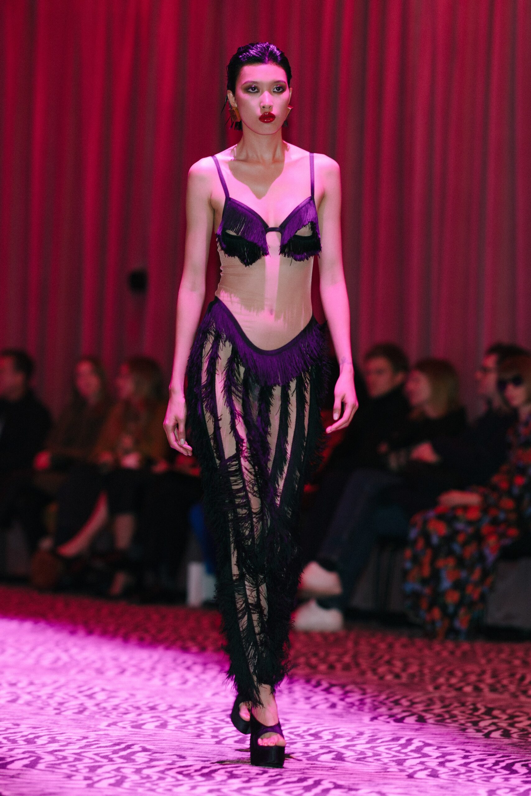 black and purple fringed dress