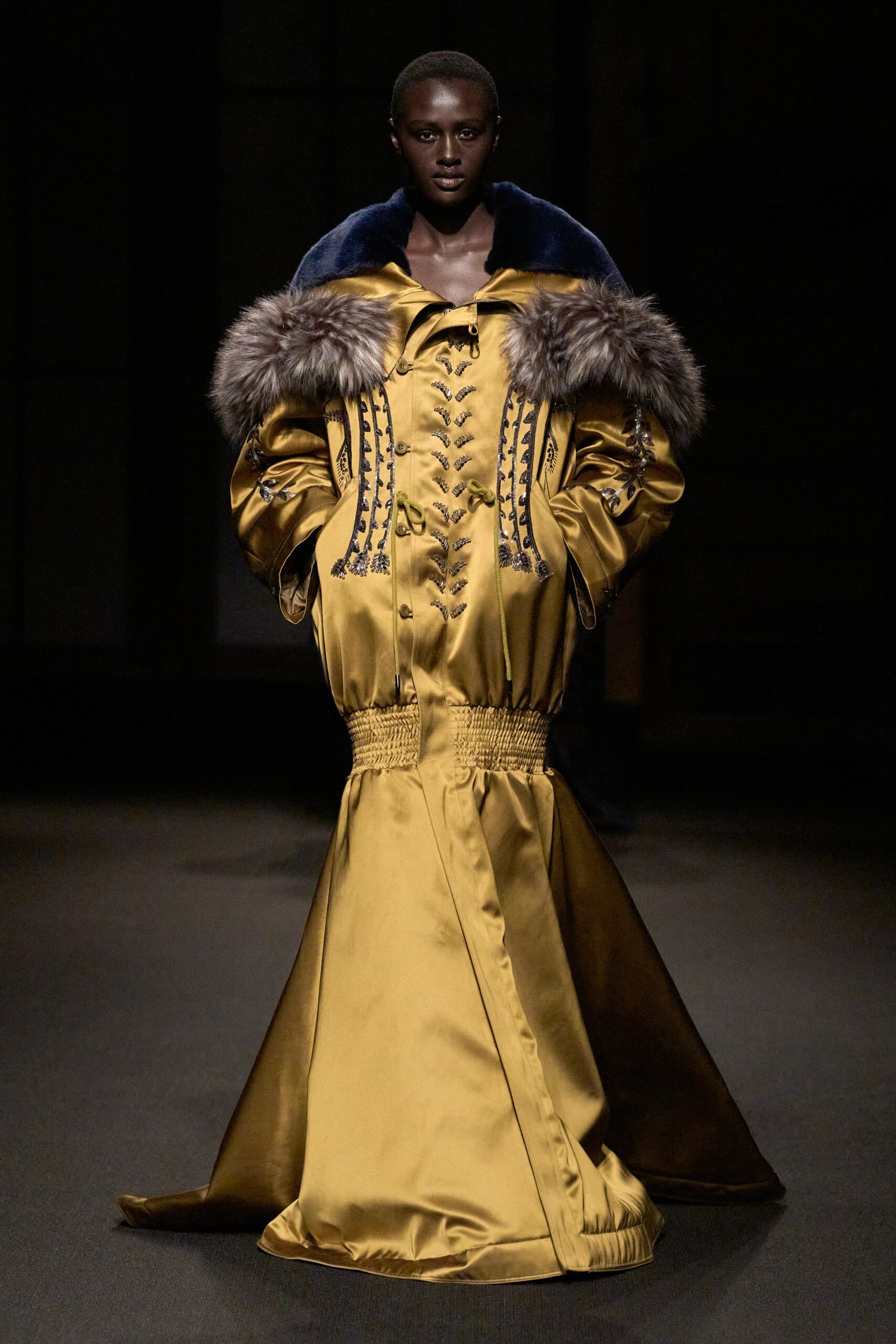 gold silk gown with fur coat