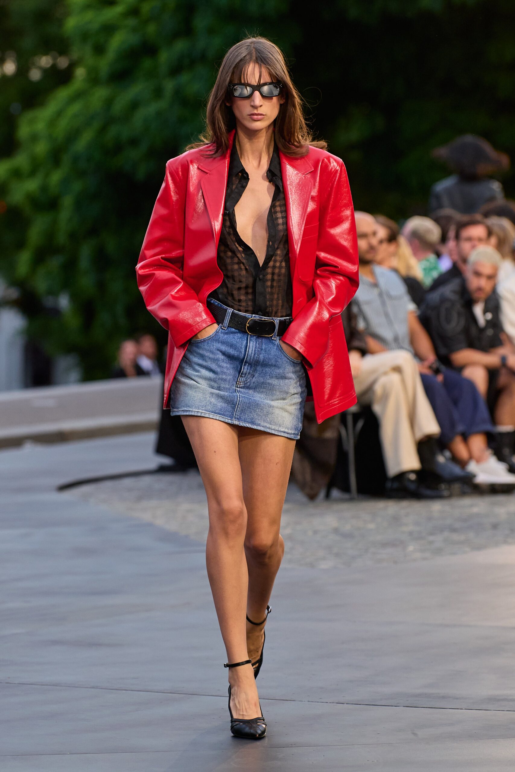 red leather blazer with denim skirt