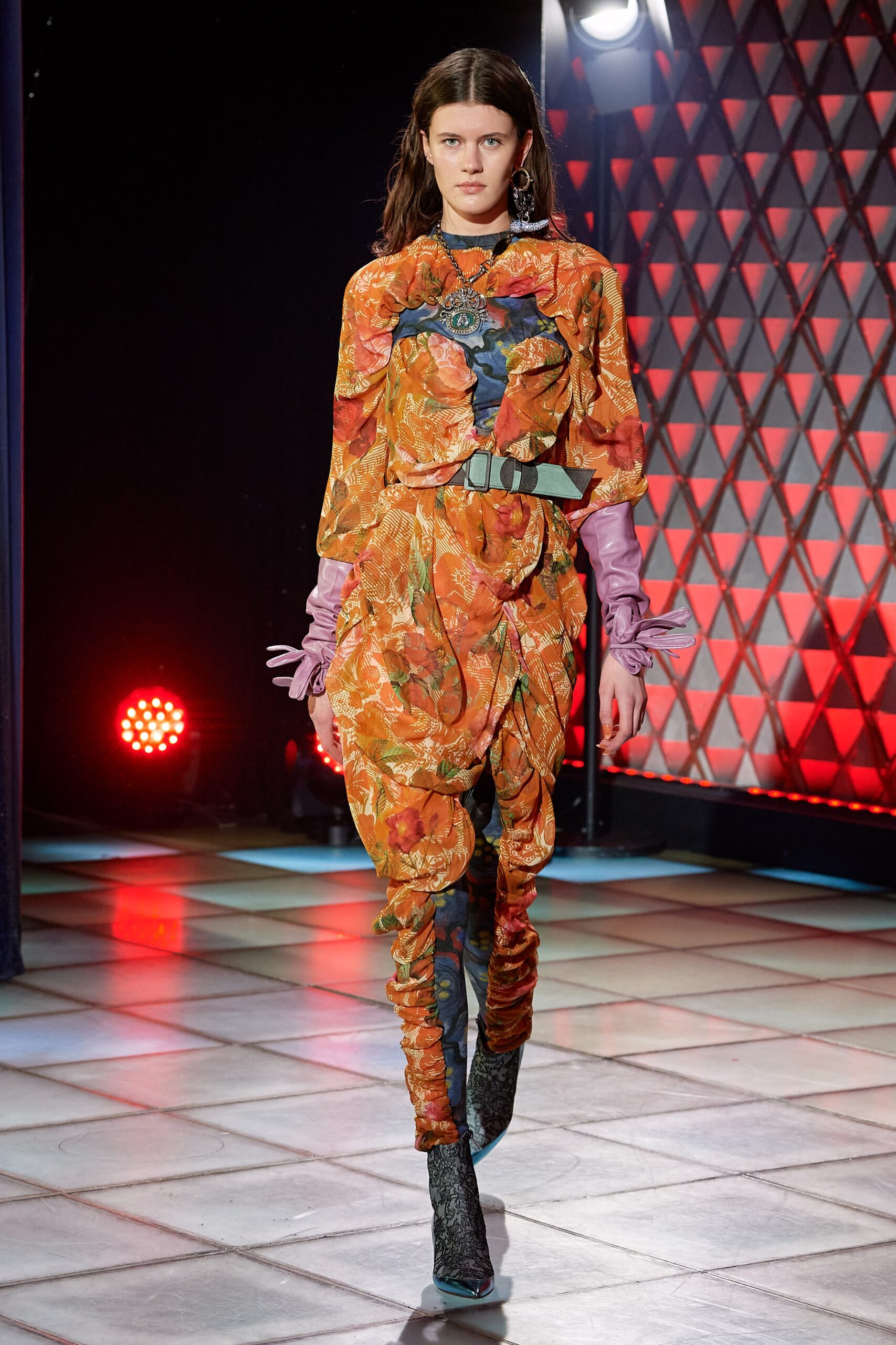 floral orange midi dress with blue pants