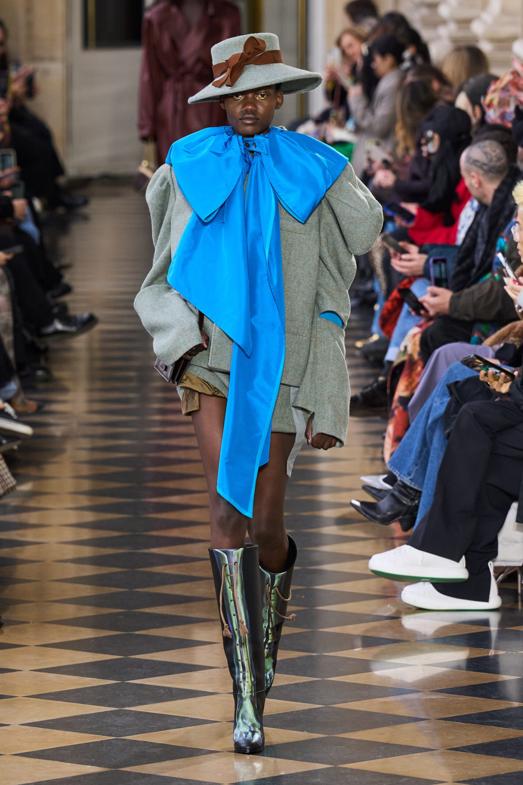 oversized gray wool coat with blue top