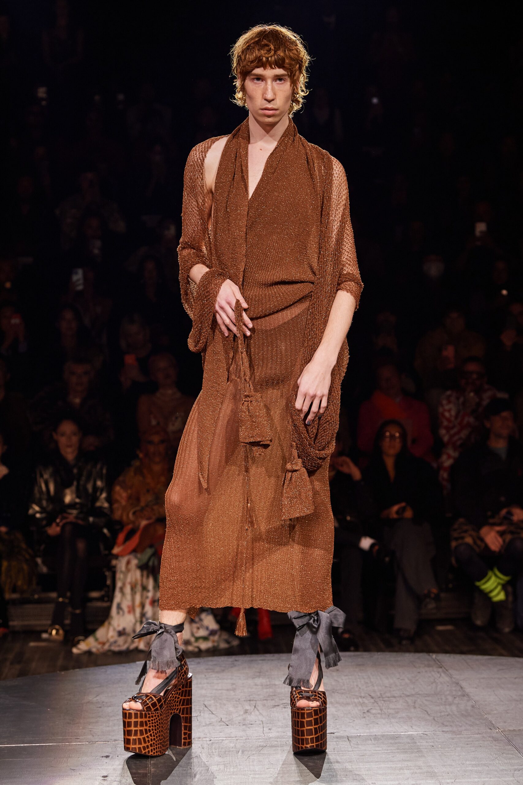 brown silk draped midi dress