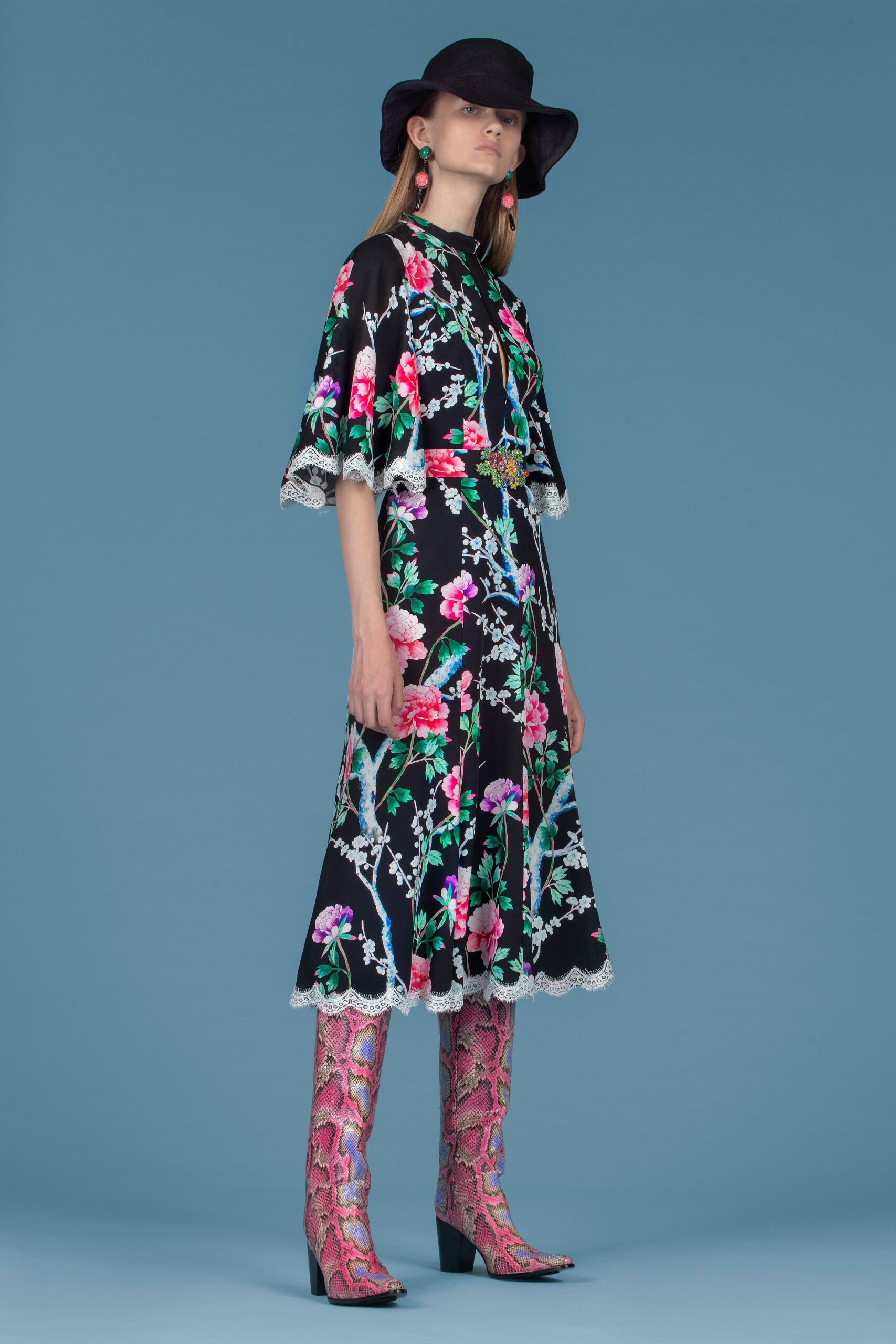 black floral midi dress with pink boots