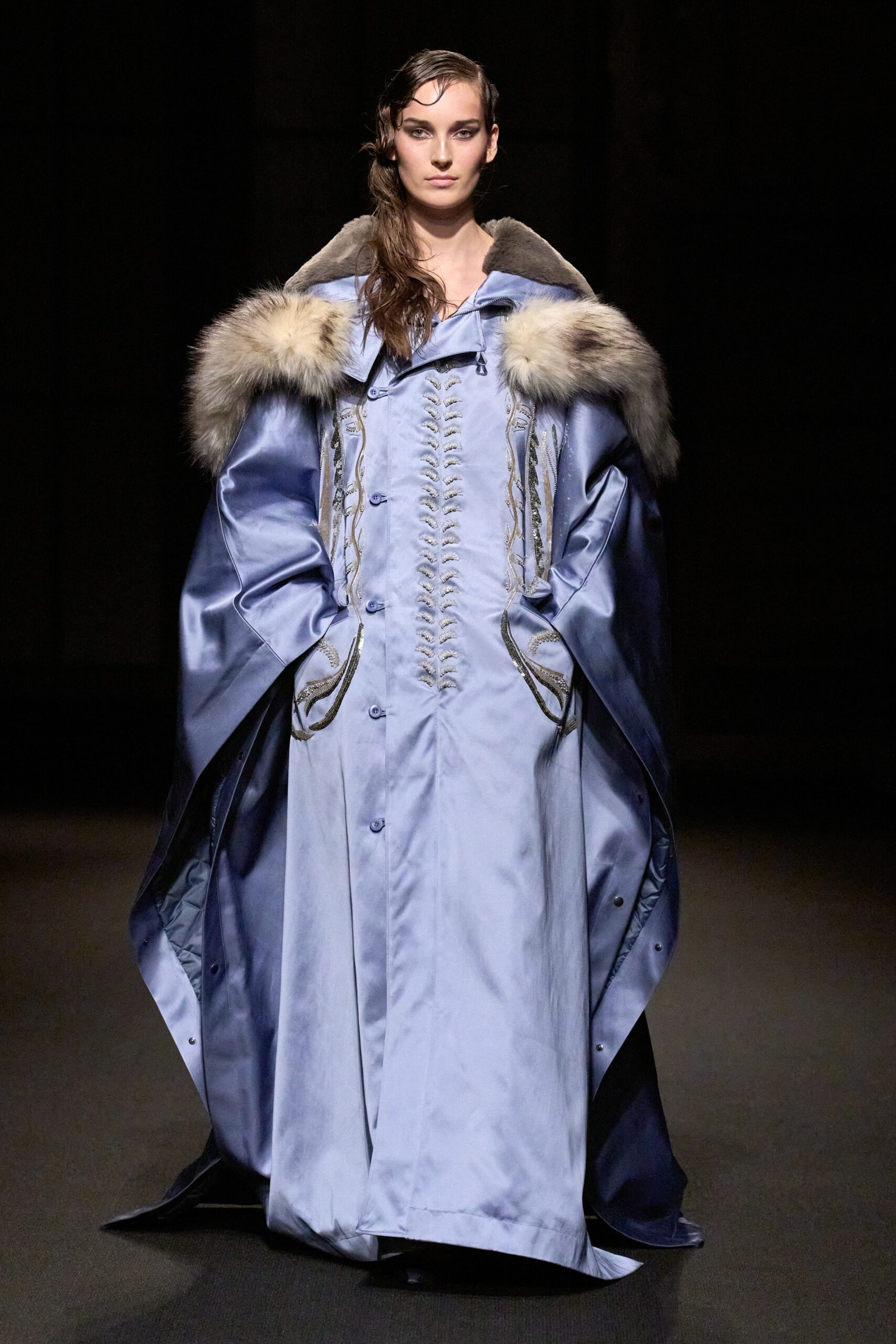 blue silk coat with faux-fur