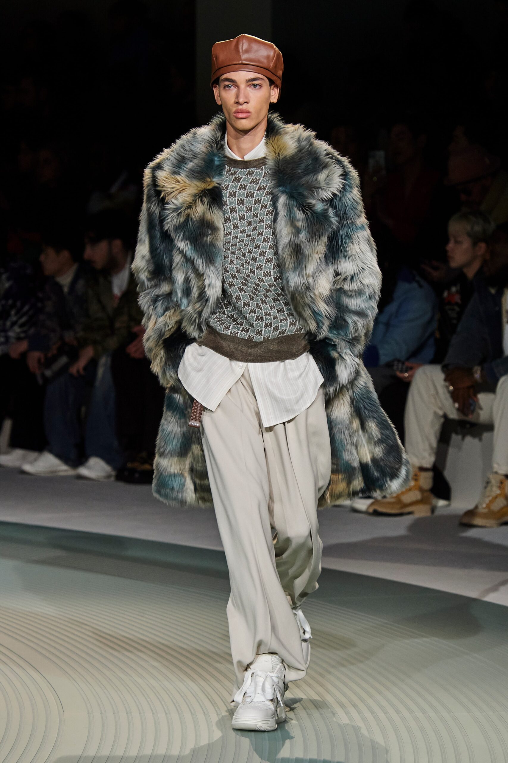 oversized fur coat with knit sweater