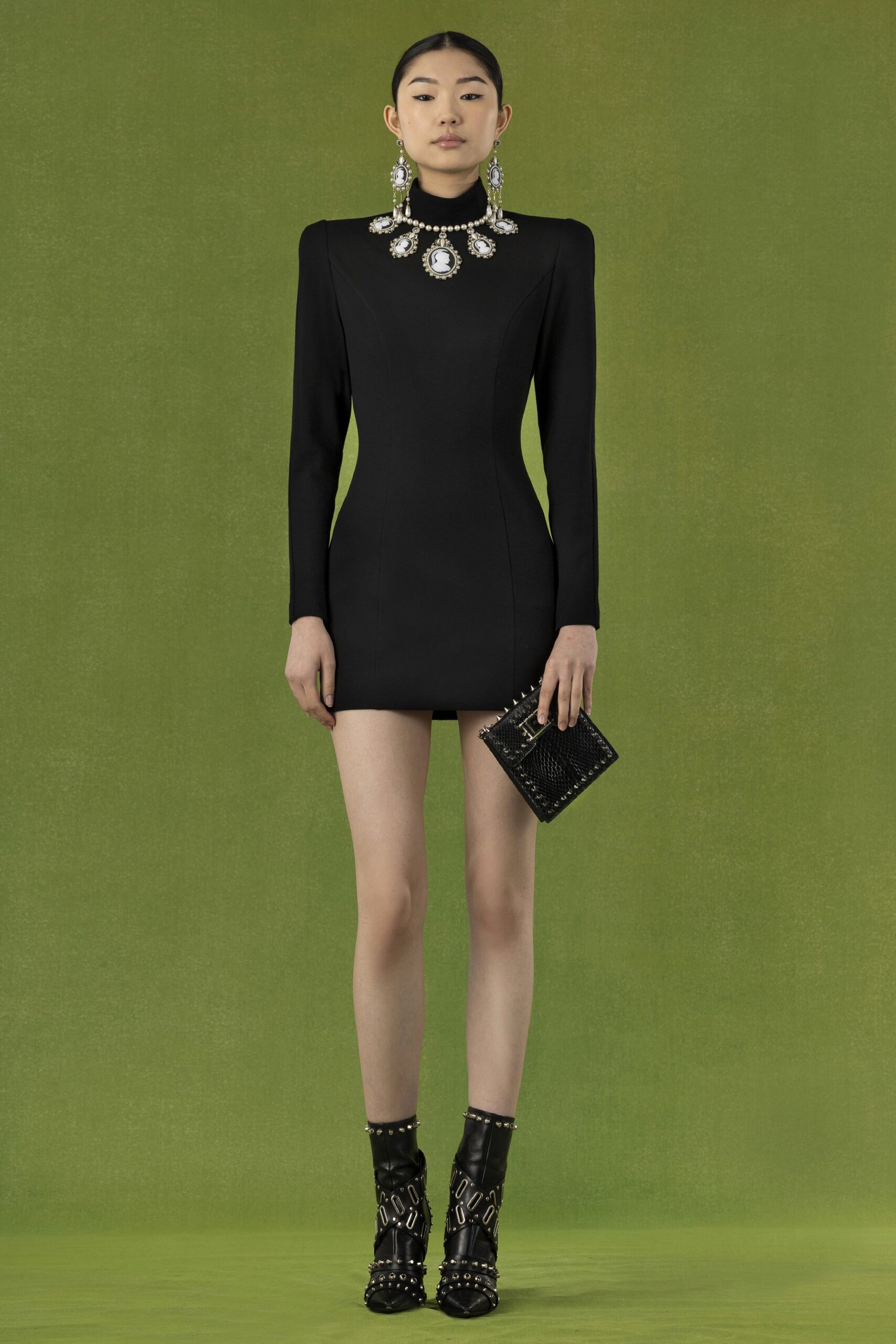 black silk long-sleeve high-neck fitted structured mini mini-dress