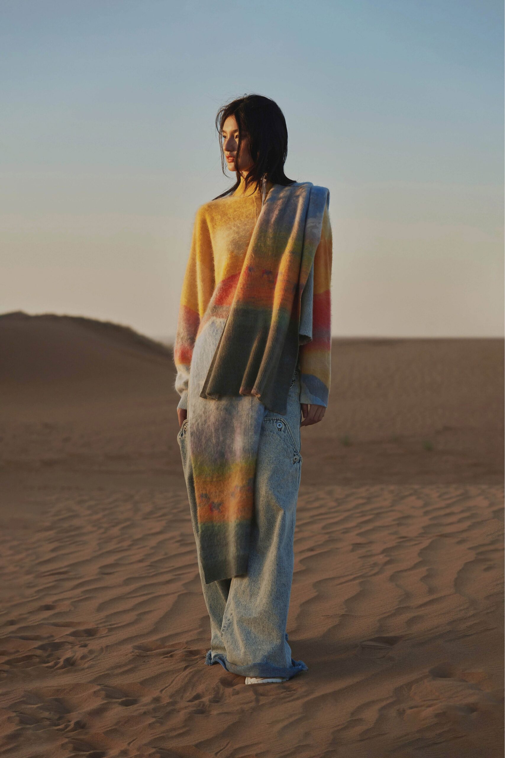 yellow wool long-sleeve relaxed layered sweater