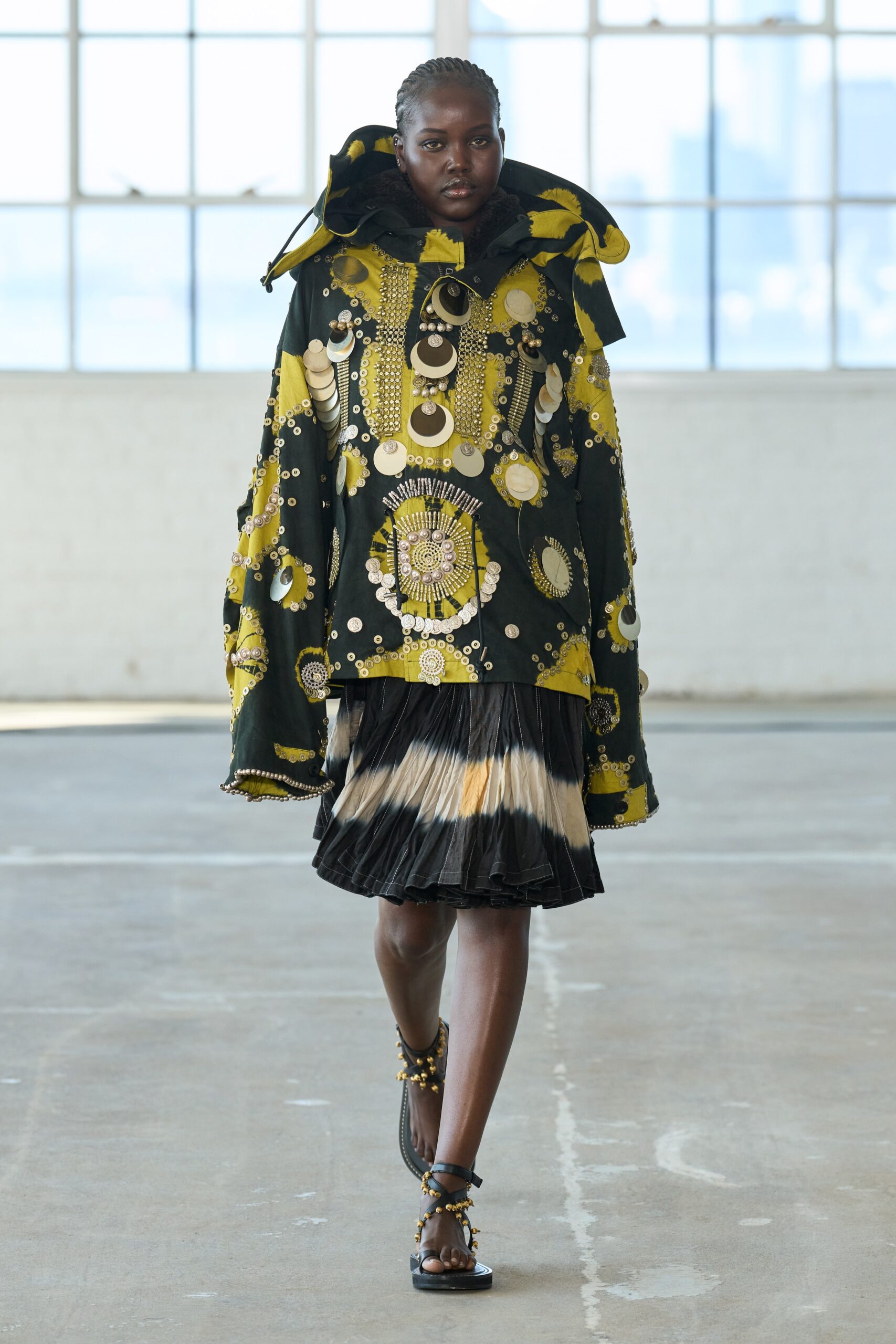 black cotton long-sleeve hooded oversized printed embroidered poncho