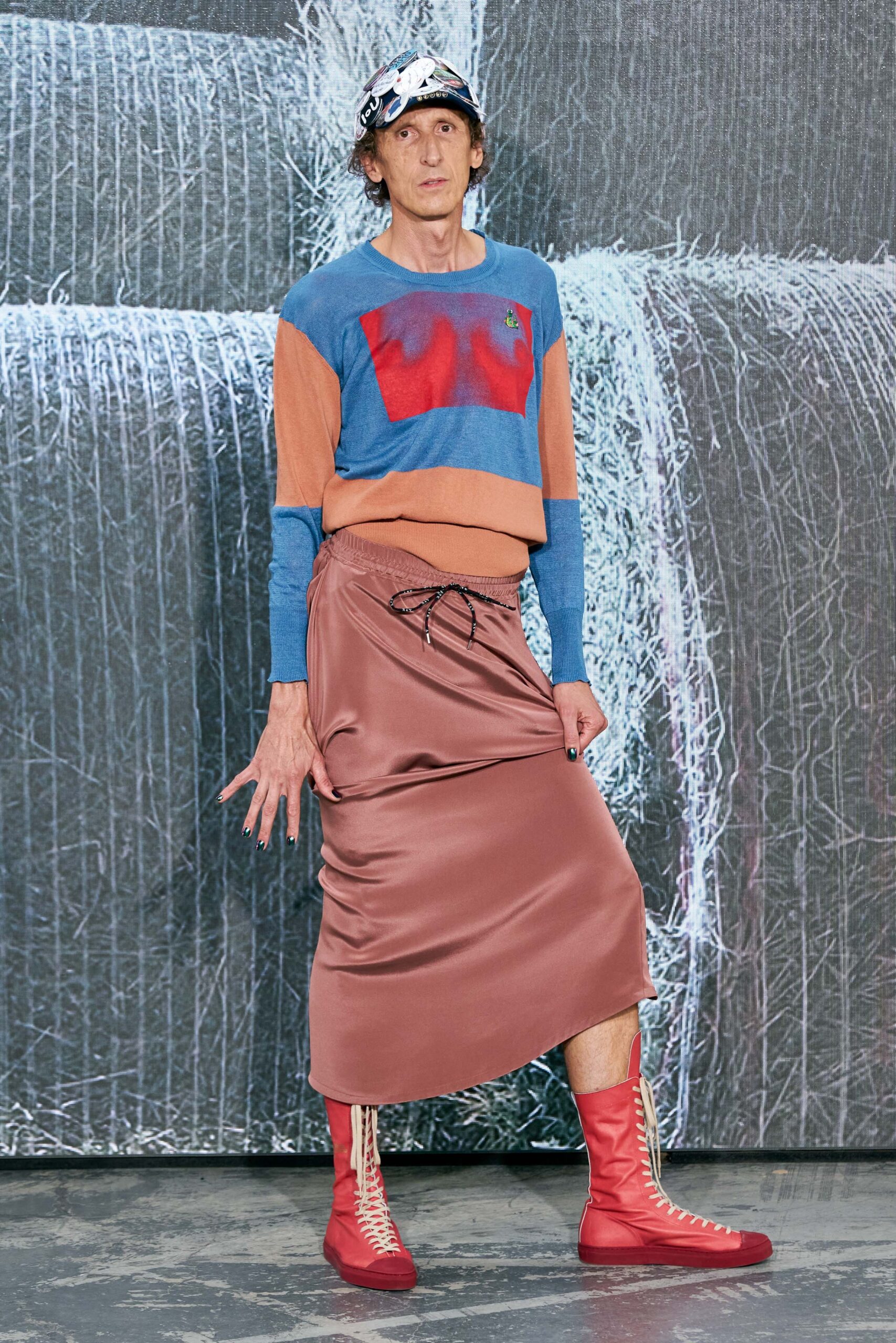 blue orange printed top with pink midi skirt