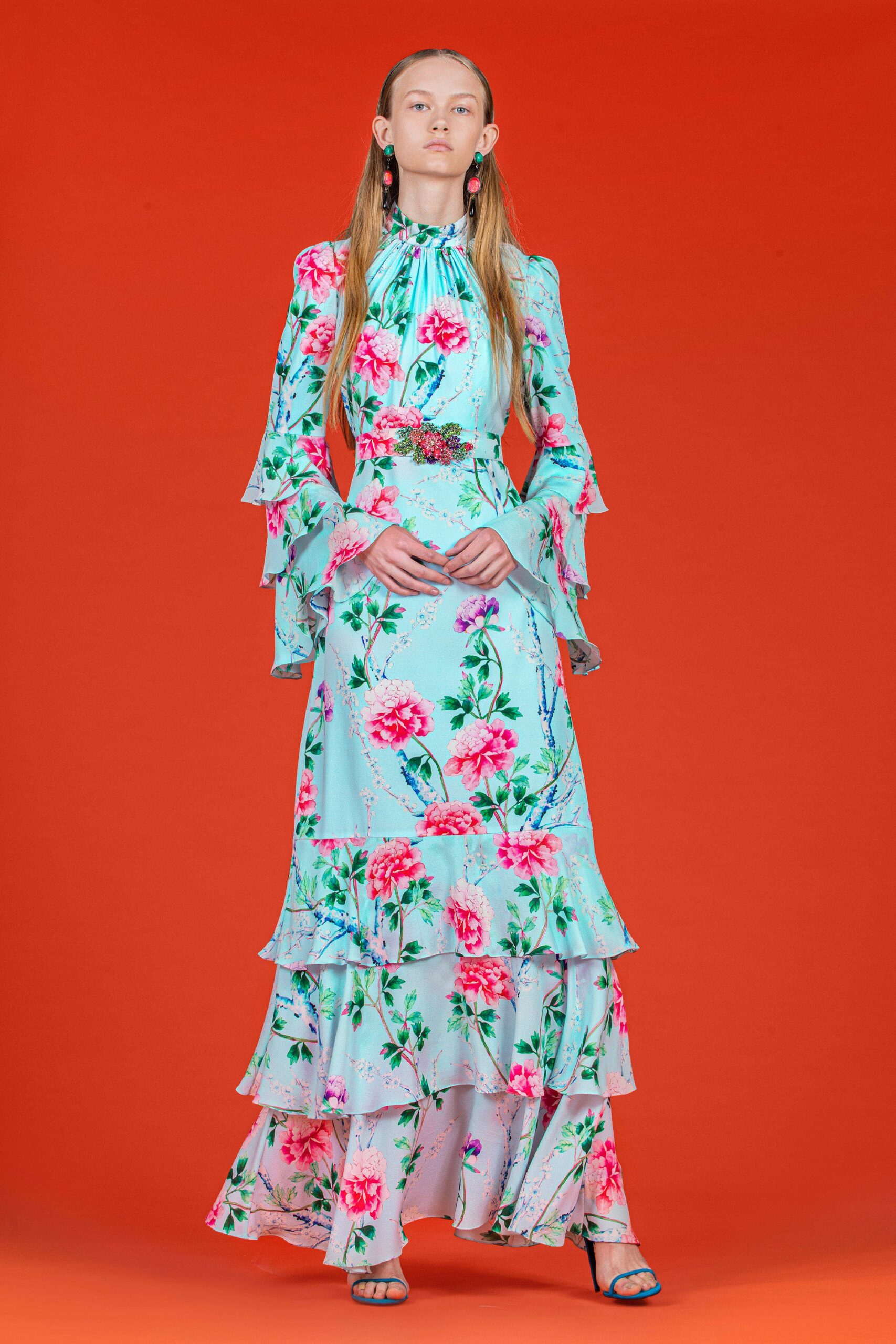 floral blue silk gown