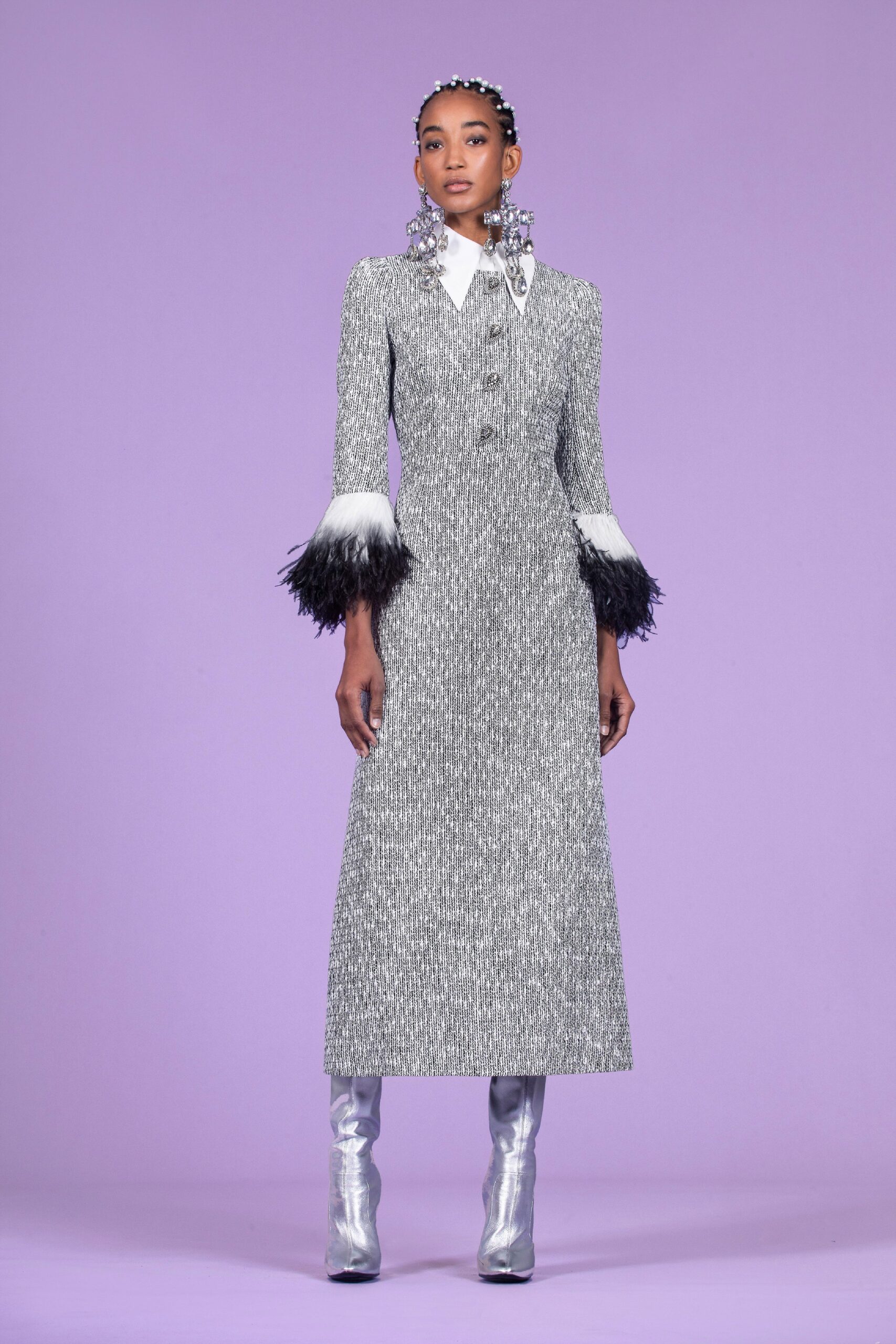black and white fringed midi dress with silver boots