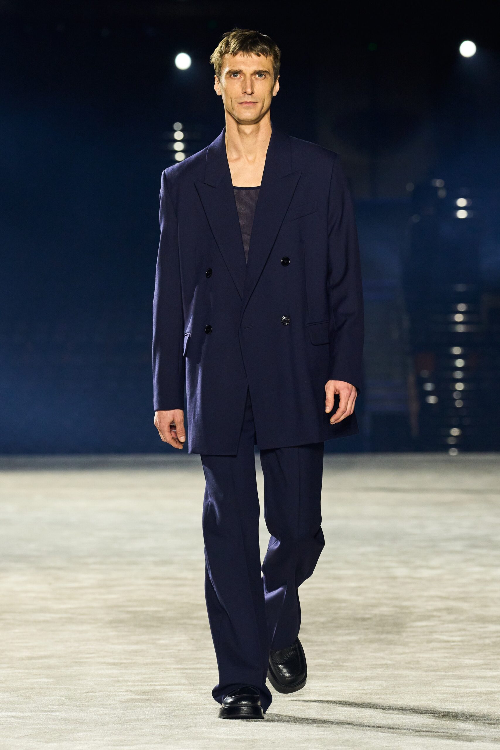 blue wool long-sleeve collared tailored straight-leg suit