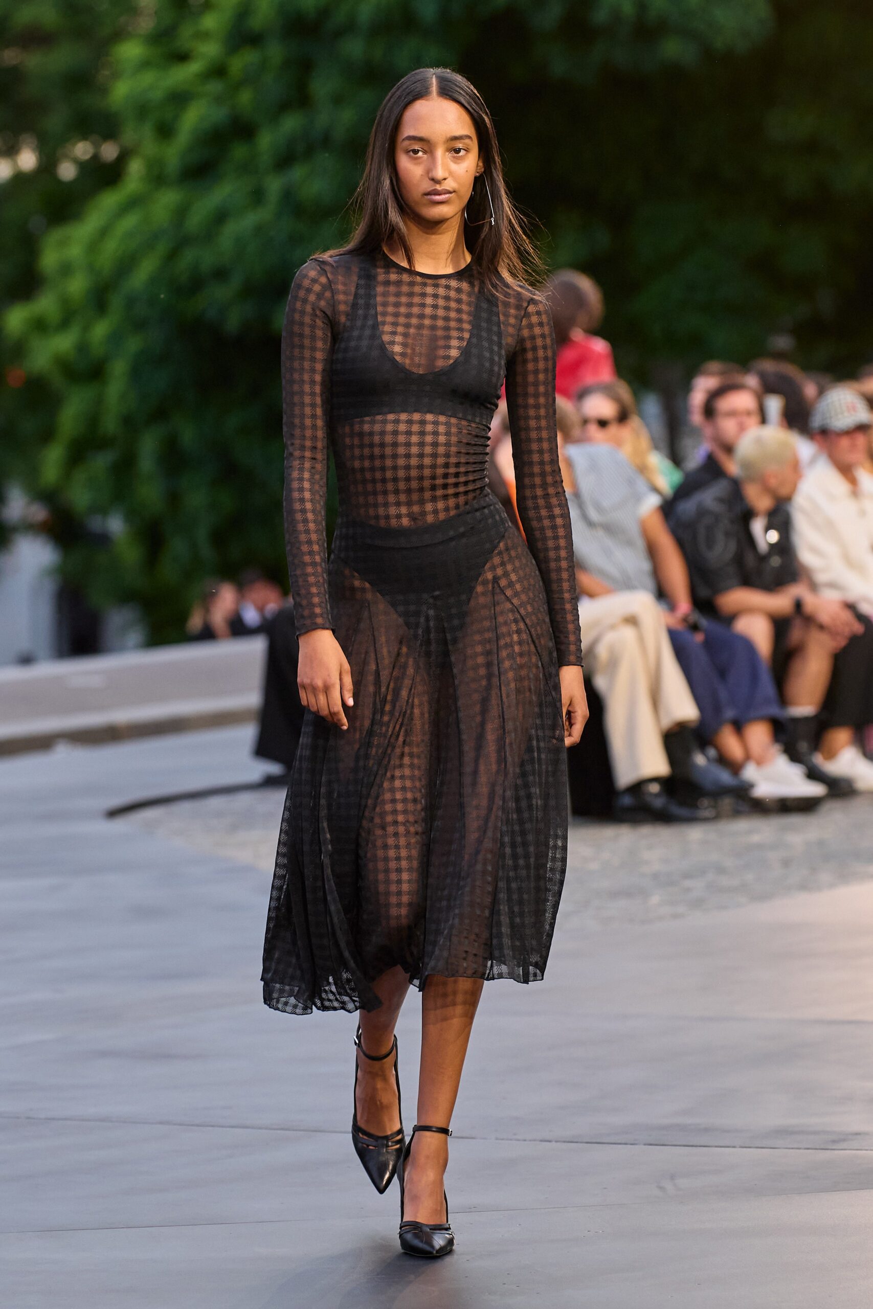 black sheer mesh midi dress