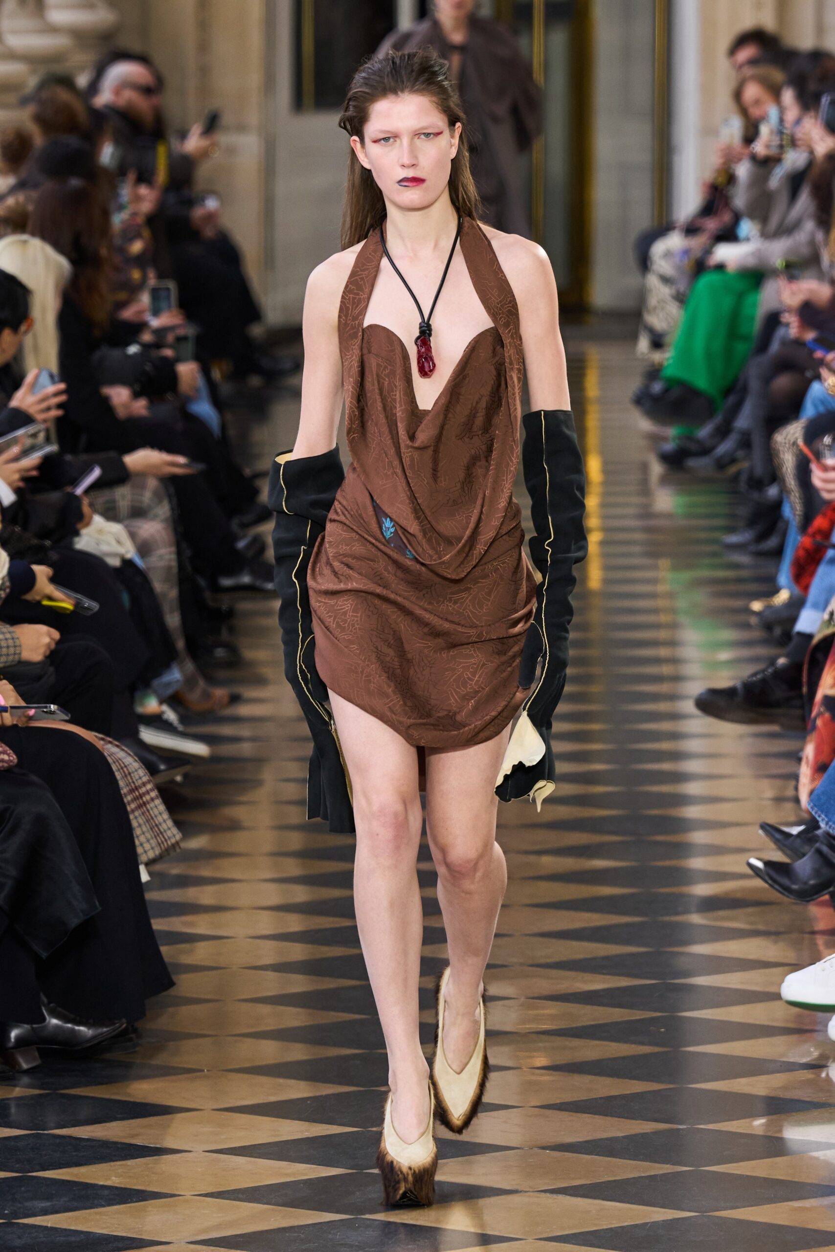 brown silk sleeveless v-neck fitted draped mini dress