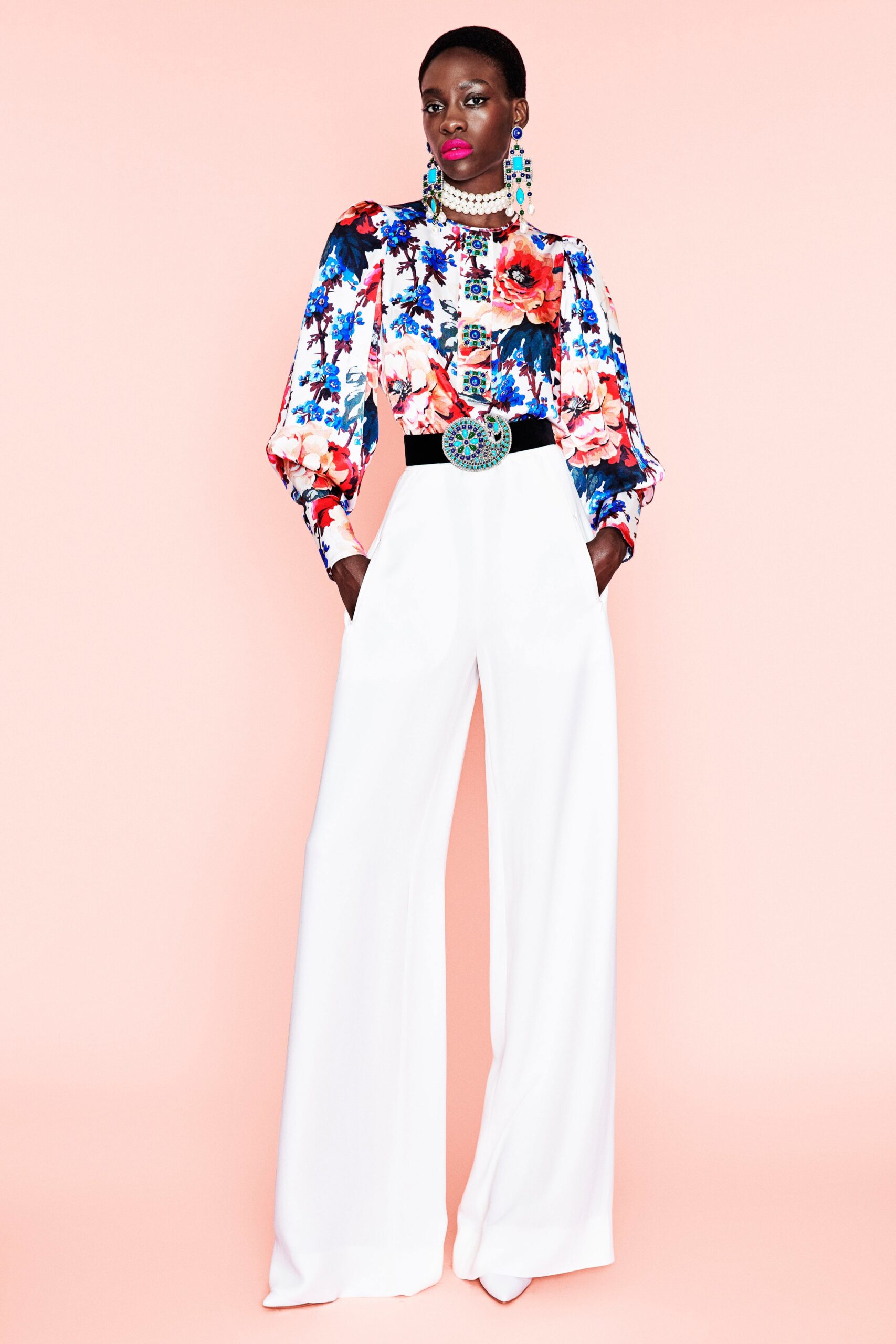 white silk long-sleeve collared fitted floral ruffled blouse