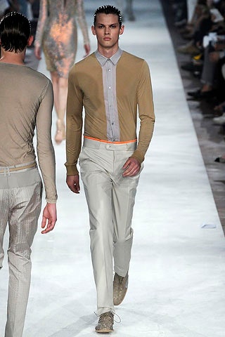 beige fitted shirt with gray collar