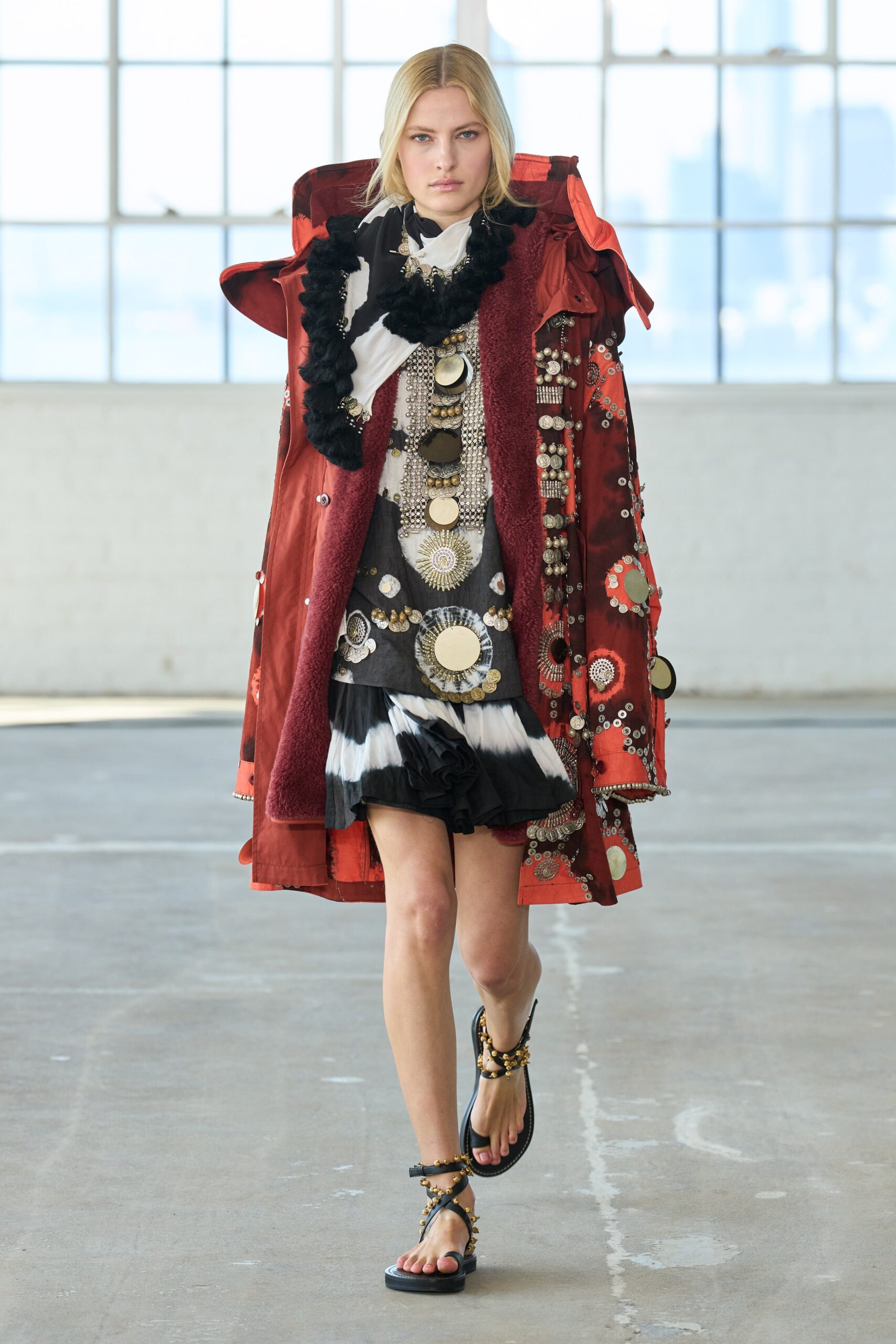 red silk long-sleeve collared relaxed layered embroidered coat