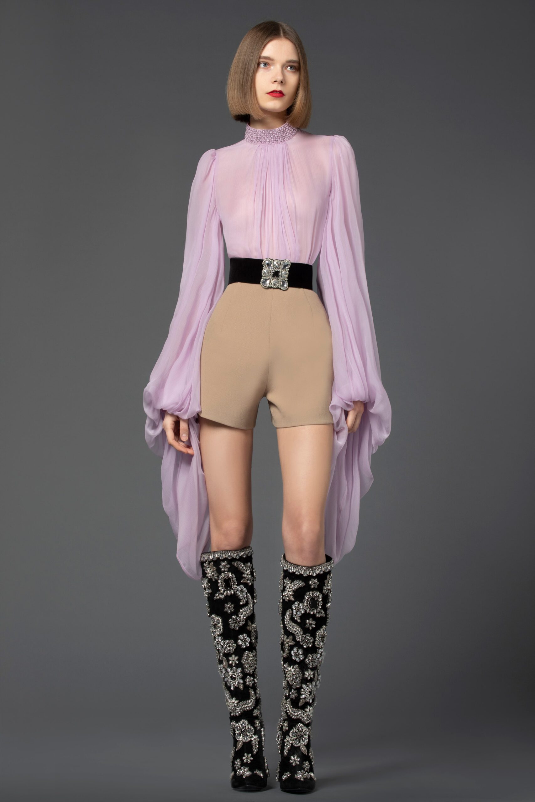 purple silk blouse with shorts
