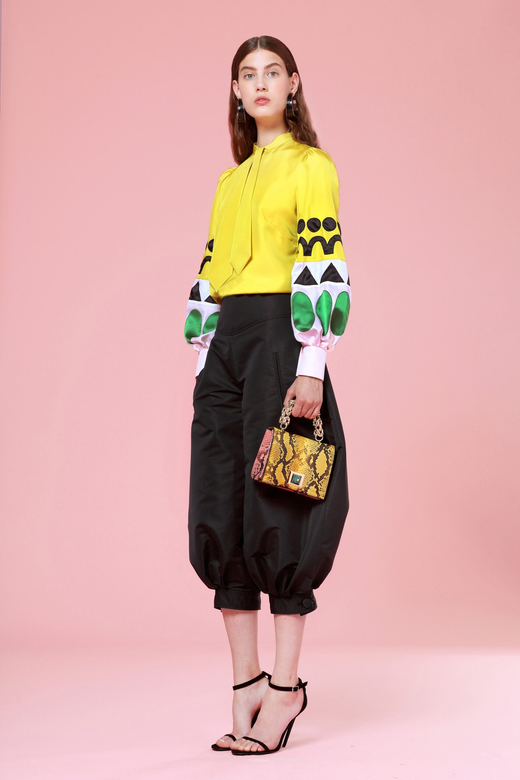yellow silk long-sleeve collared fitted pleated blouse
