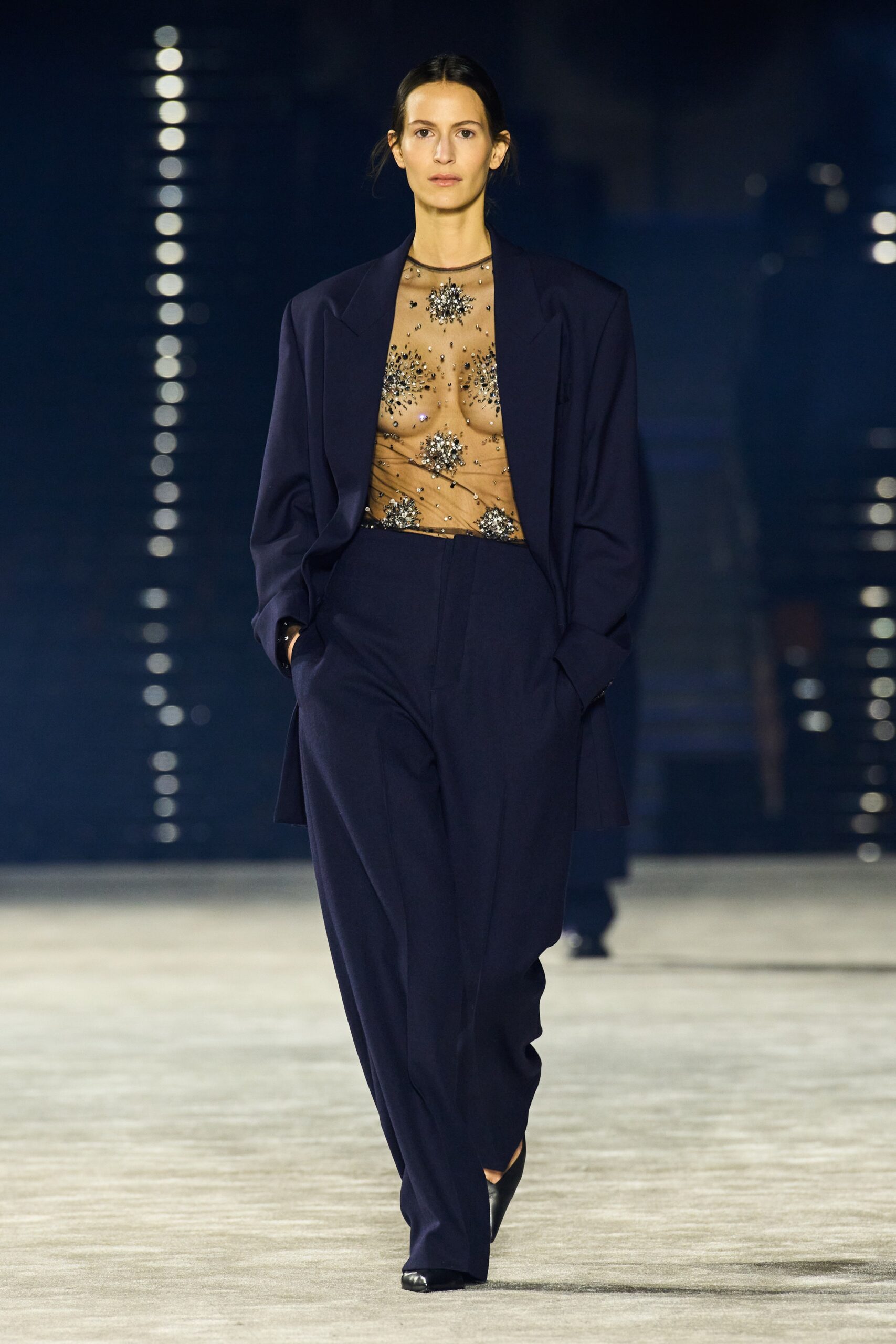 blue wool relaxed high-waisted straight-leg pants