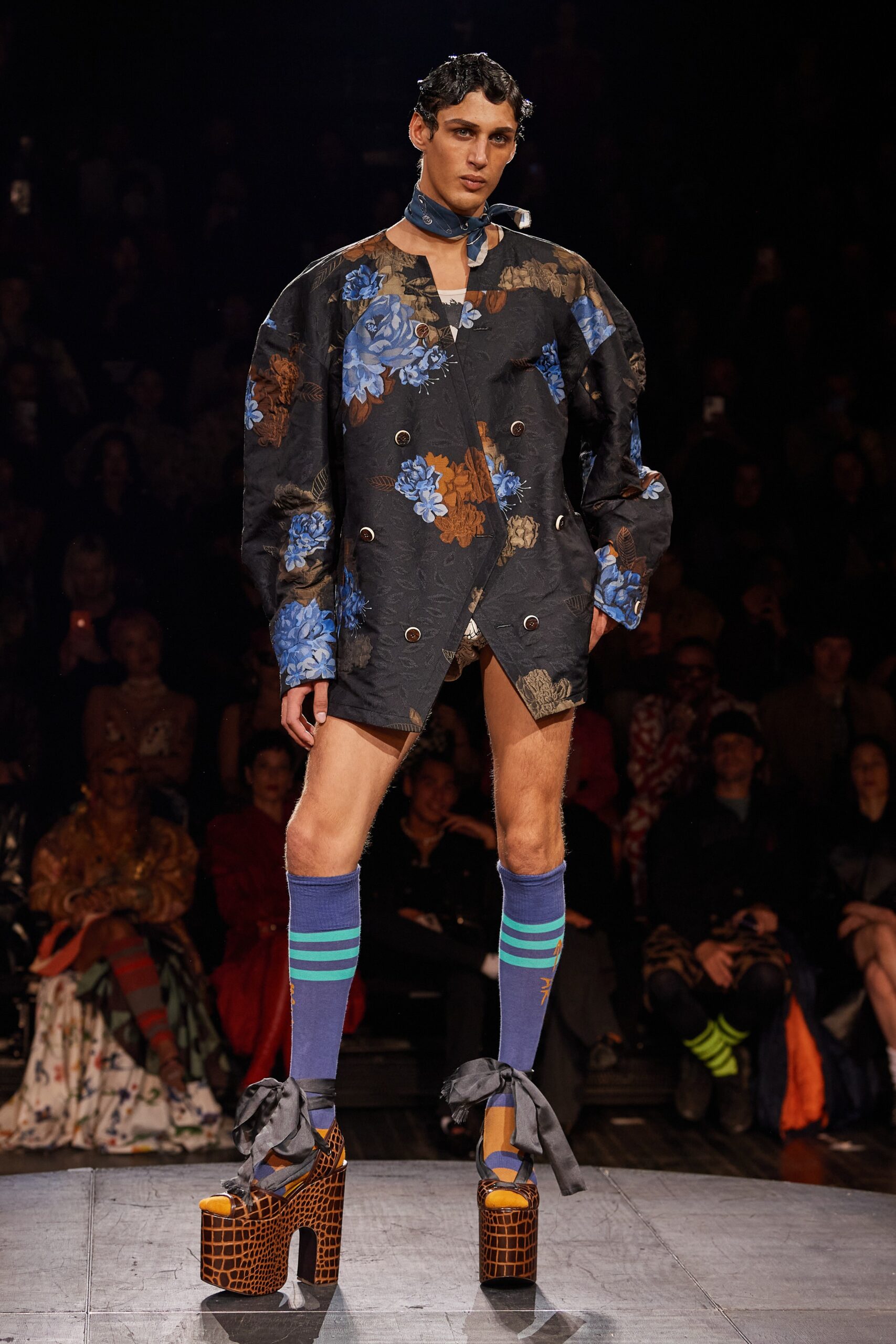 black cotton long-sleeve collared oversized floral buttoned shirt