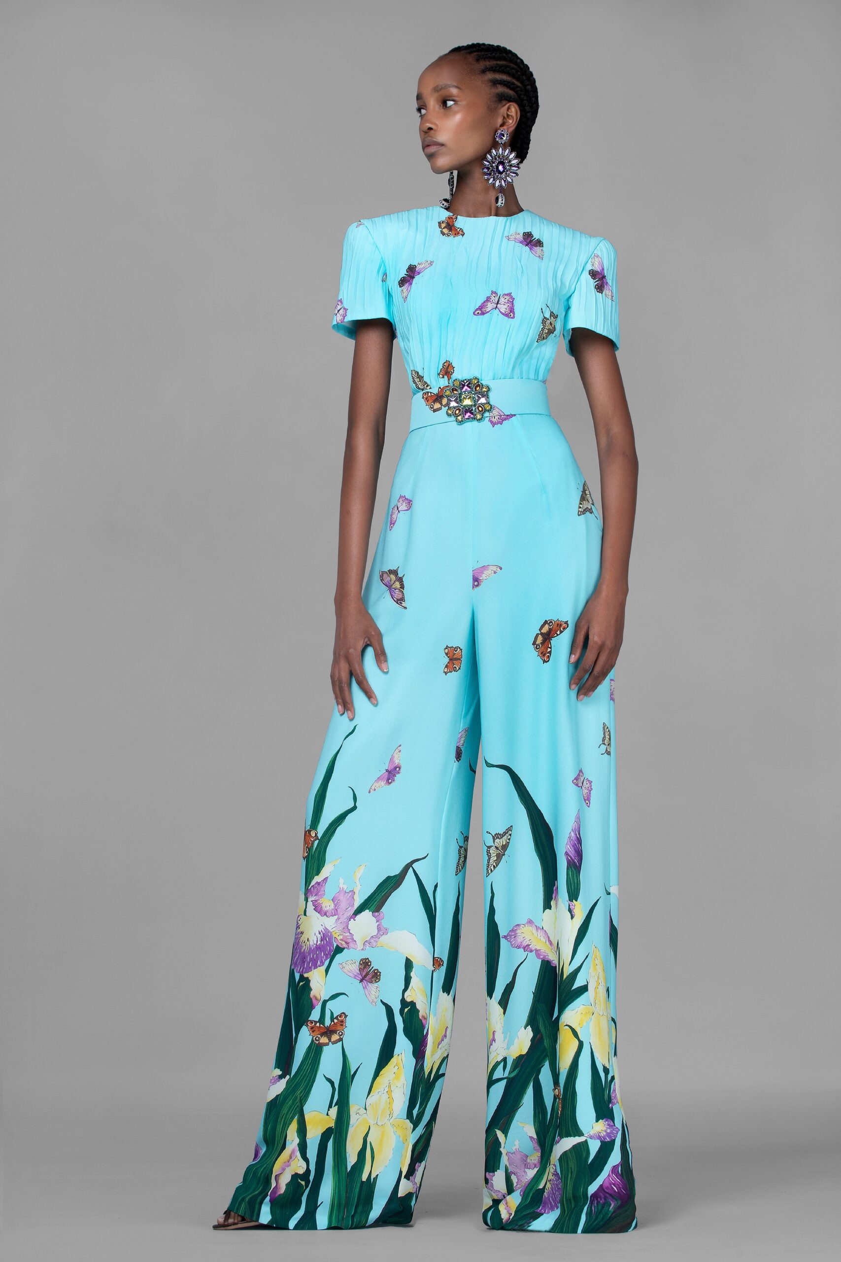 blue silk embroidered jumpsuit