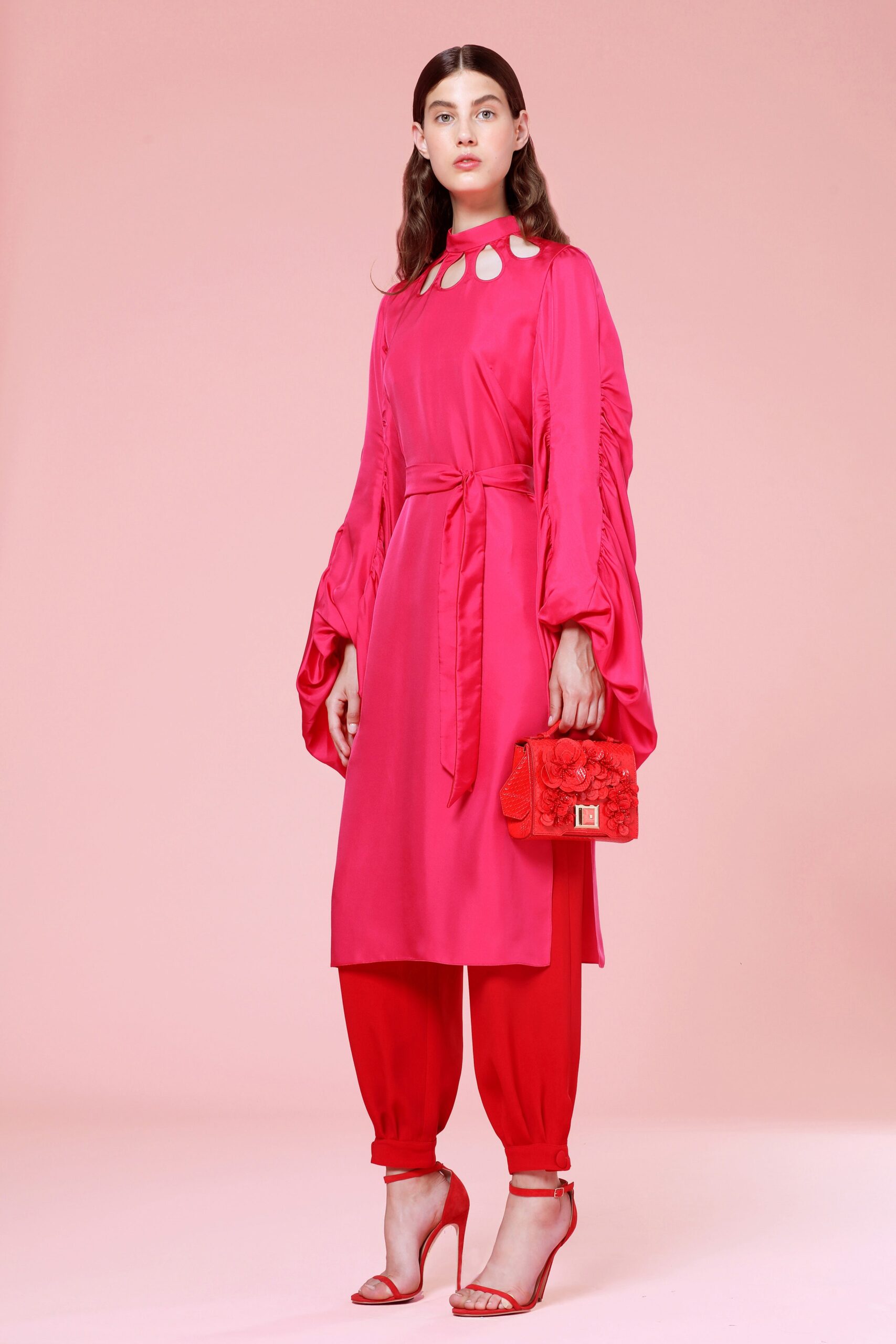 pink silk belted dress