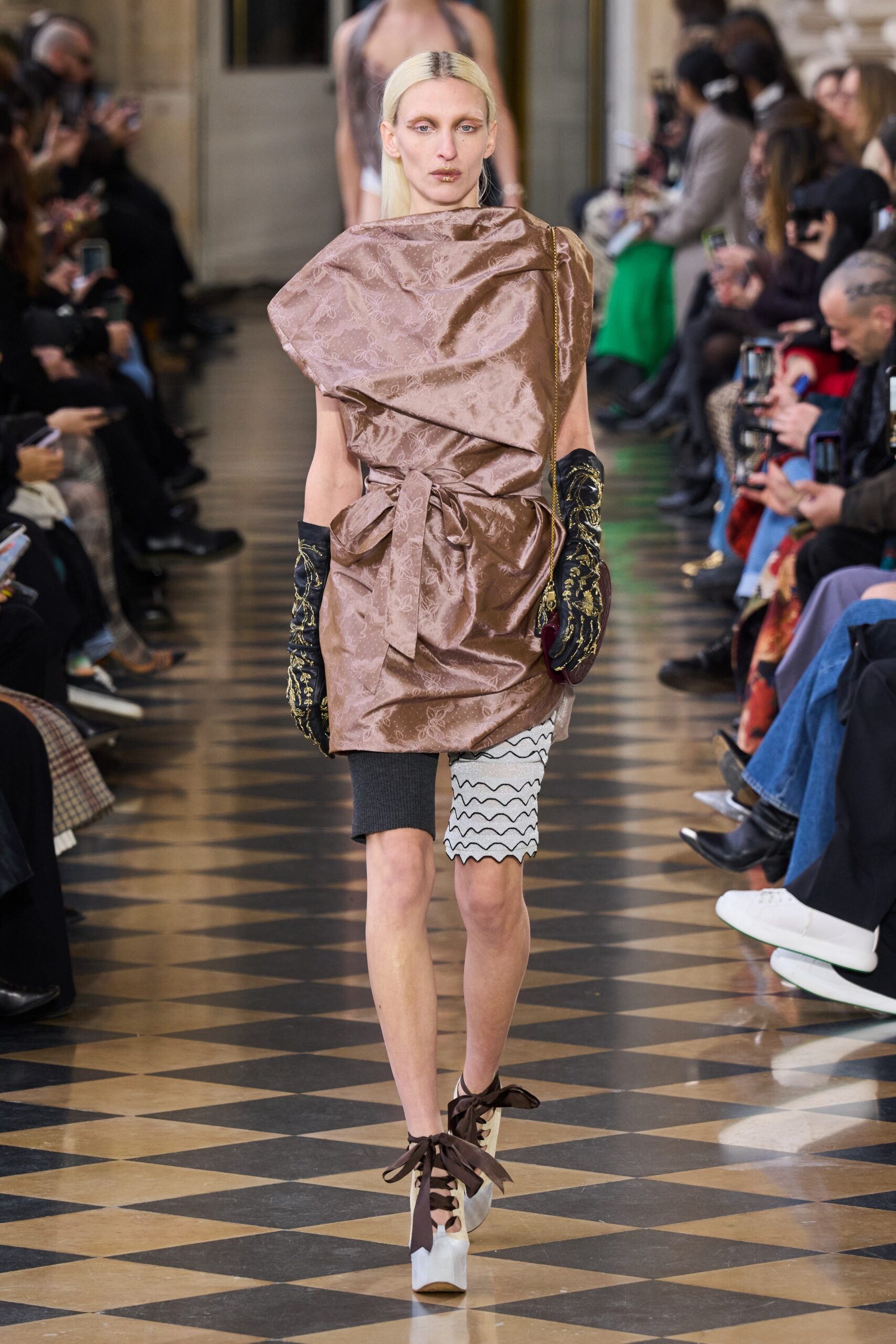brown silk sleeveless high-neck relaxed draped short dress