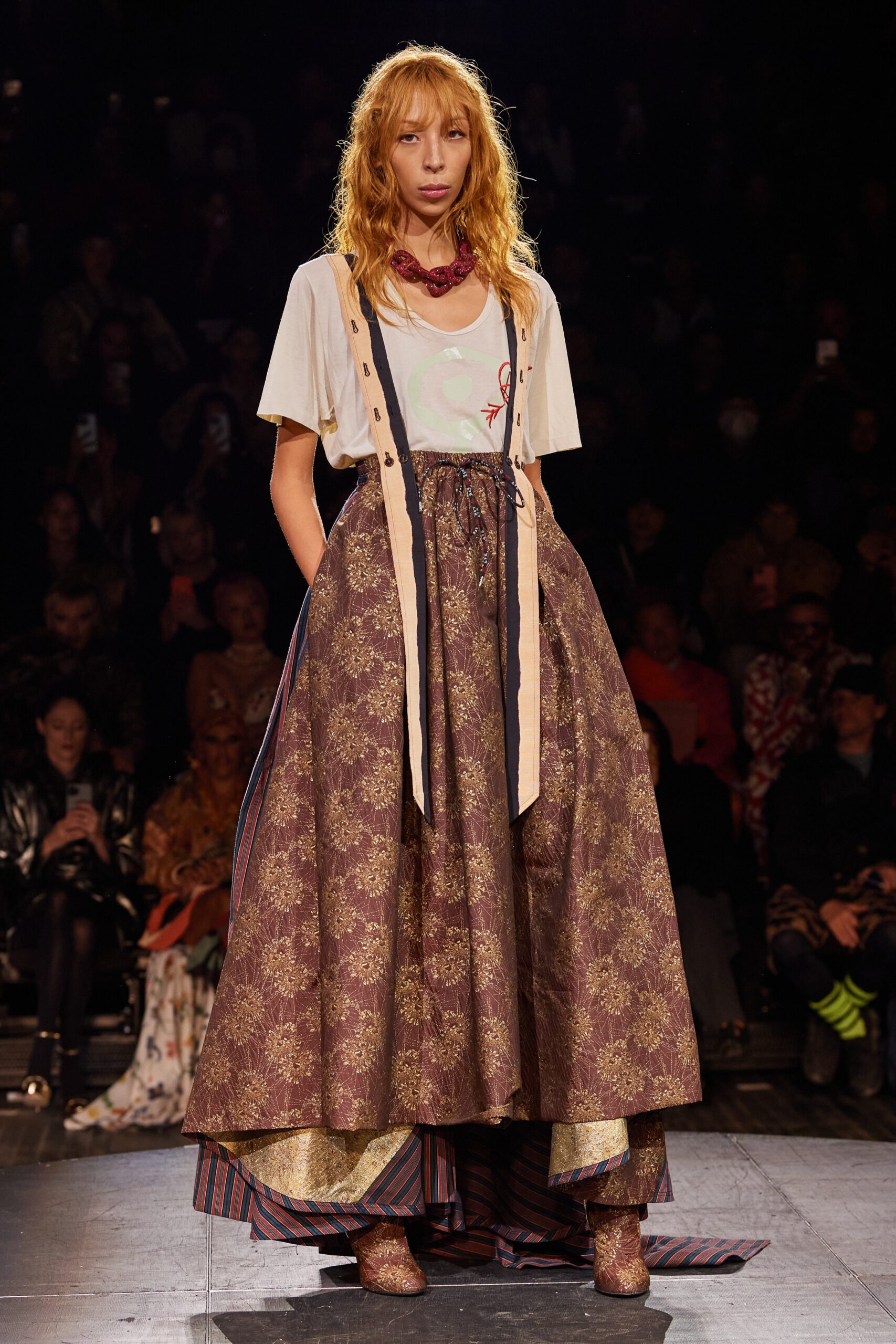 brown silk fitted high-waisted a-line pleated flowing skirt
