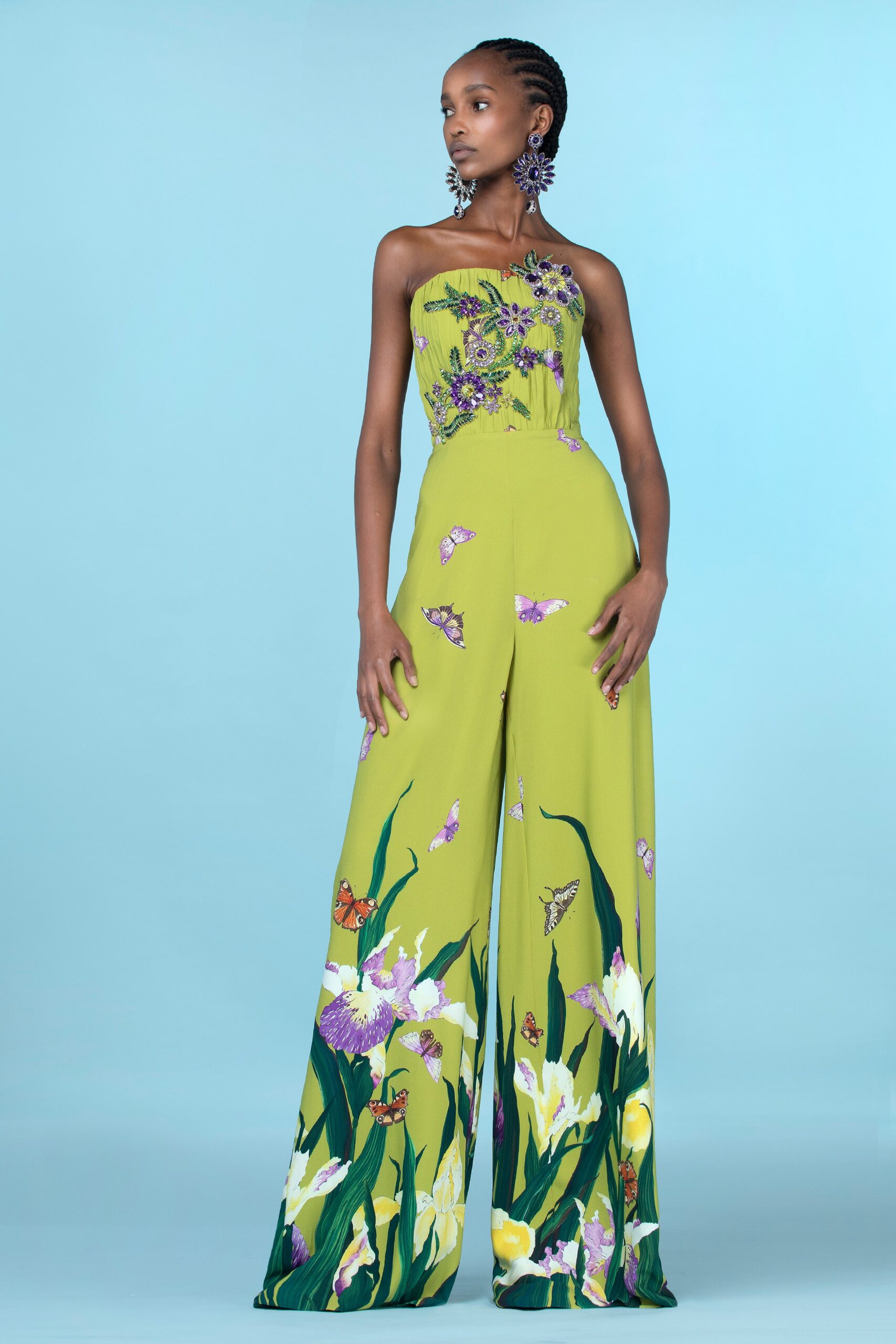 green strapless embroidered jumpsuit