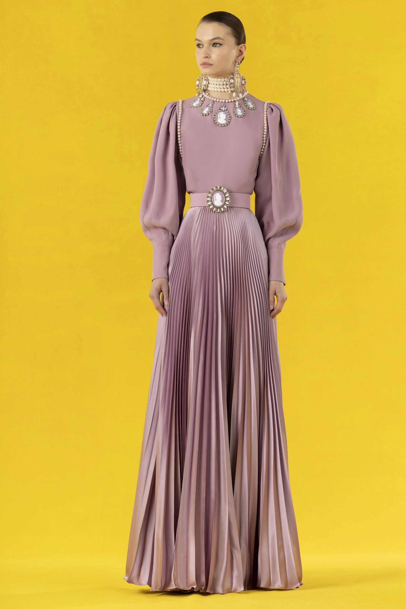 purple silk pleated gown