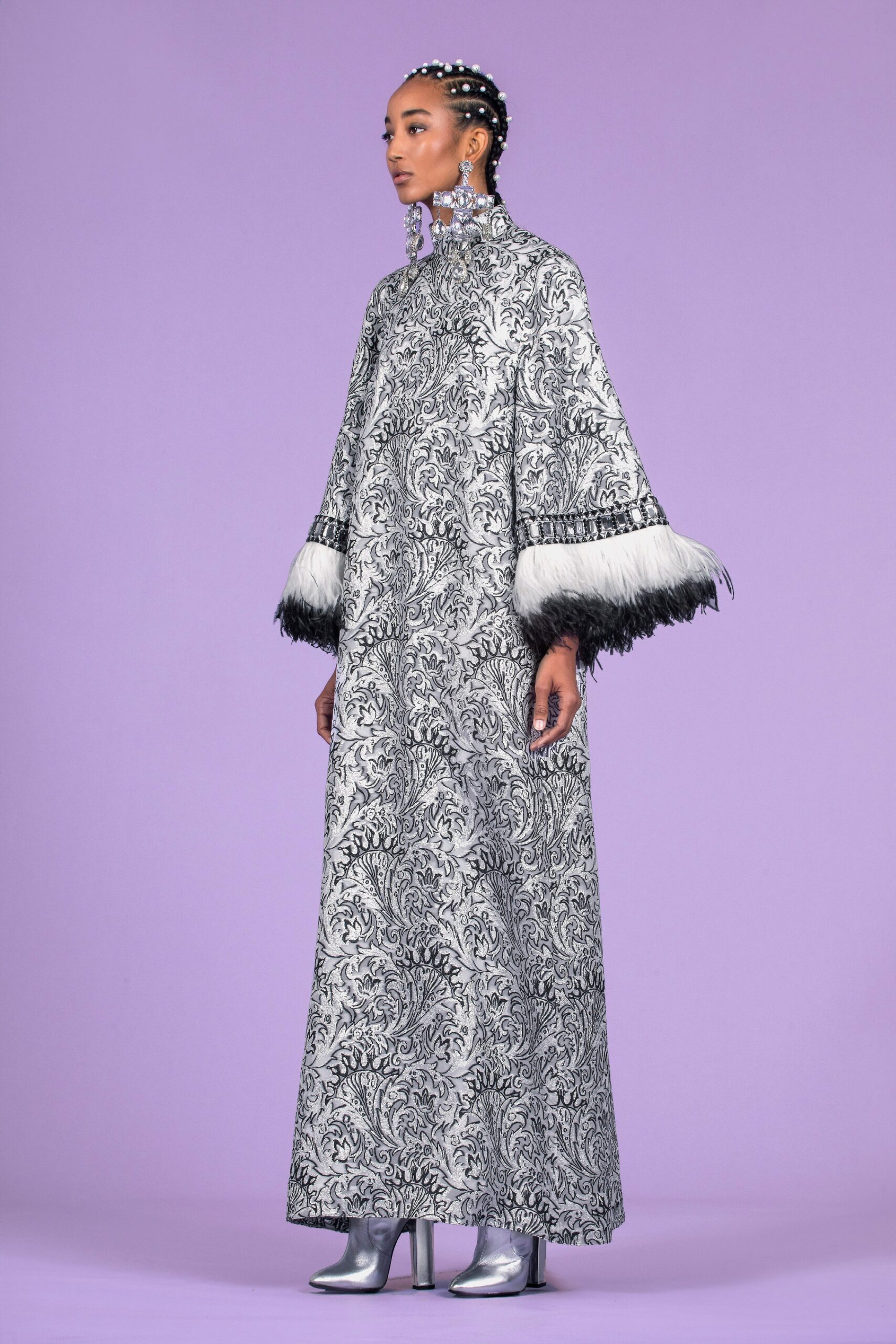 black and white embroidered gown