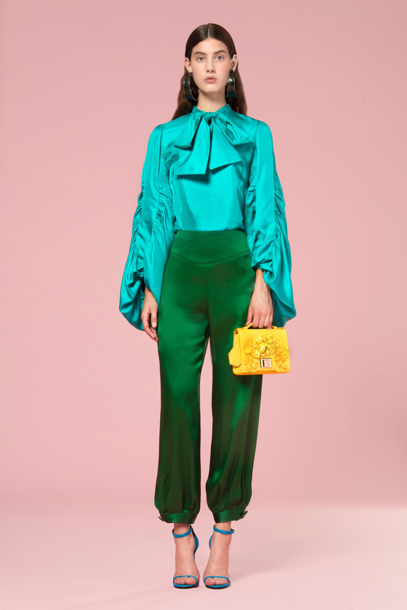 teal silk long-sleeve high-neck fitted ruffled blouse