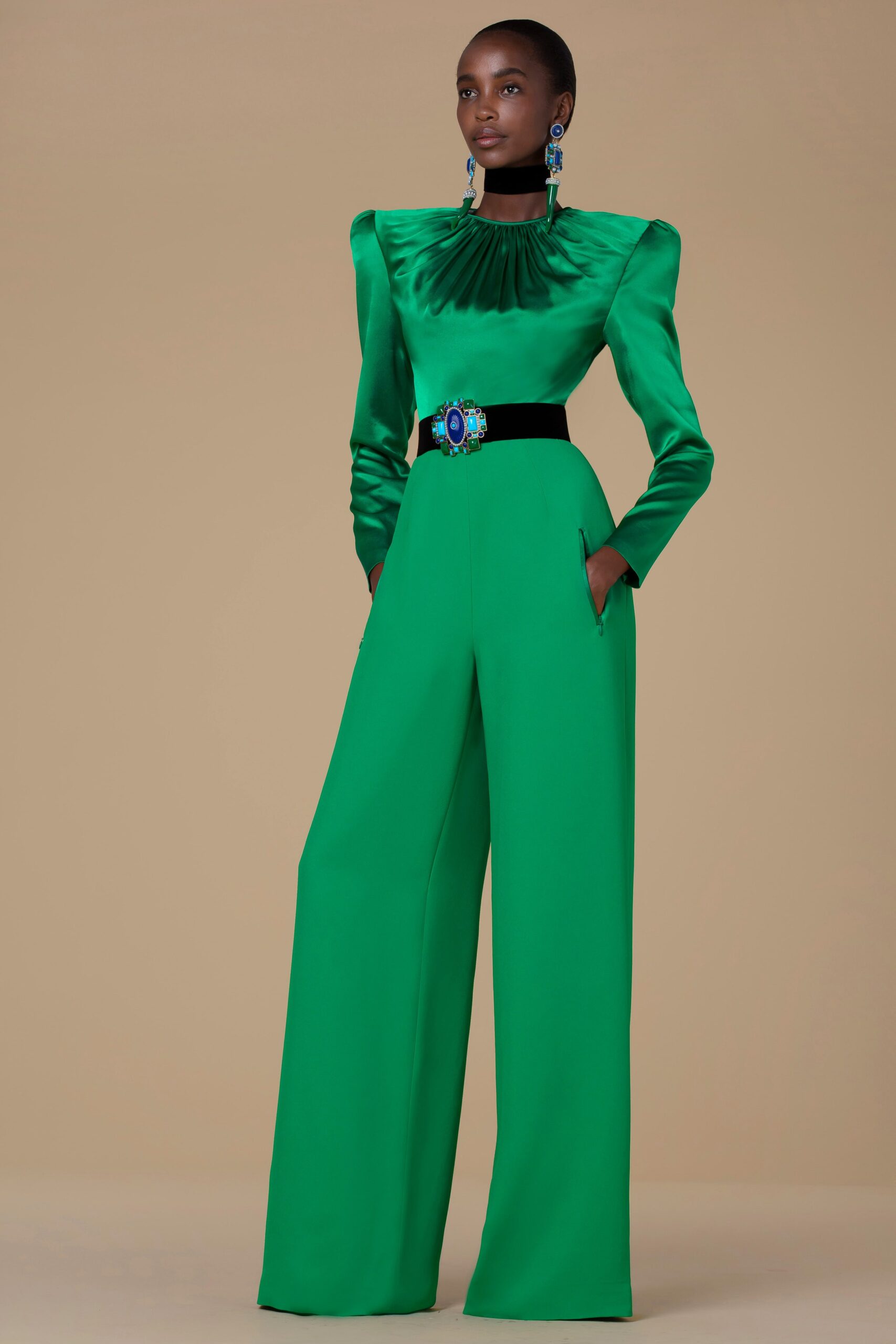 green silk fitted jumpsuit