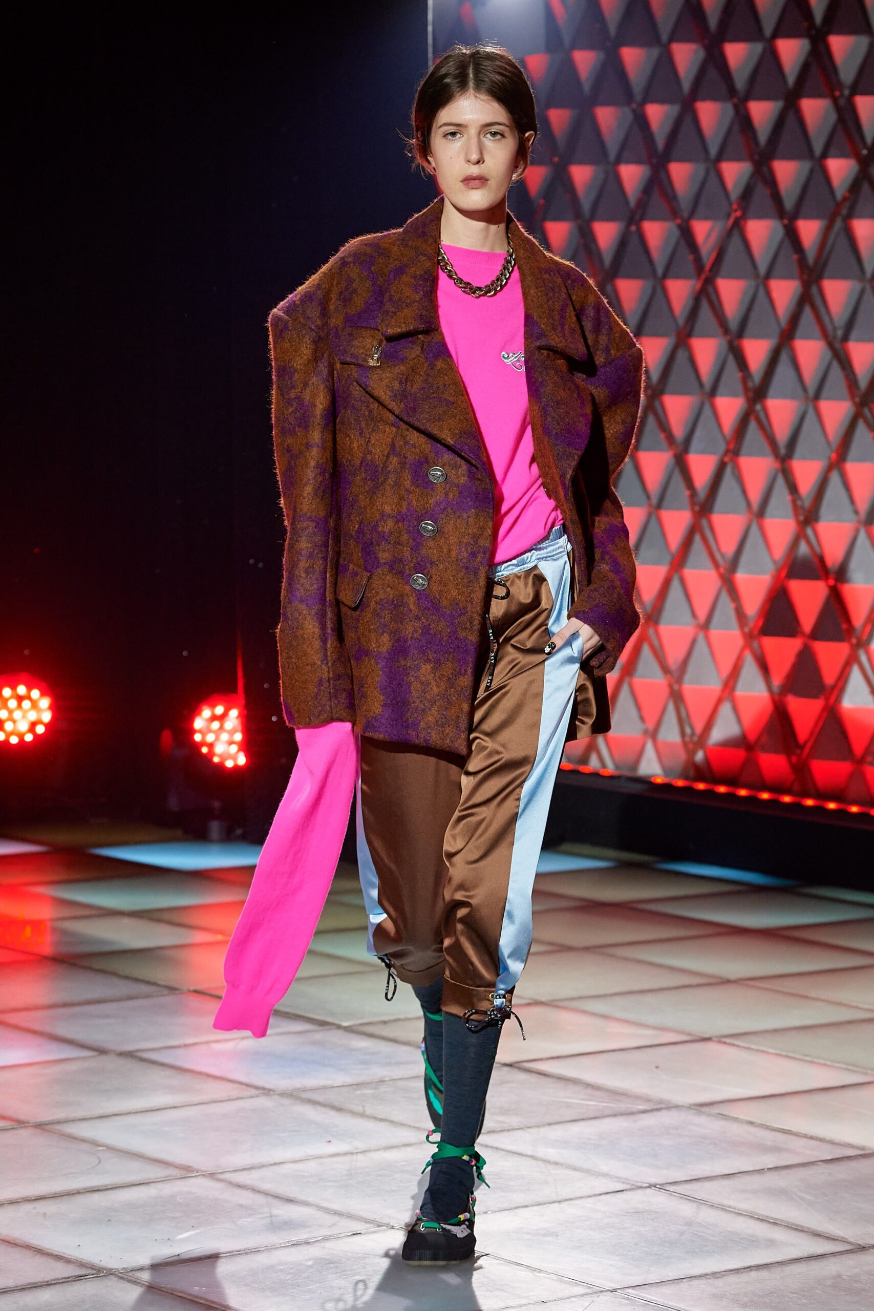 oversized brown wool jacket with pink top