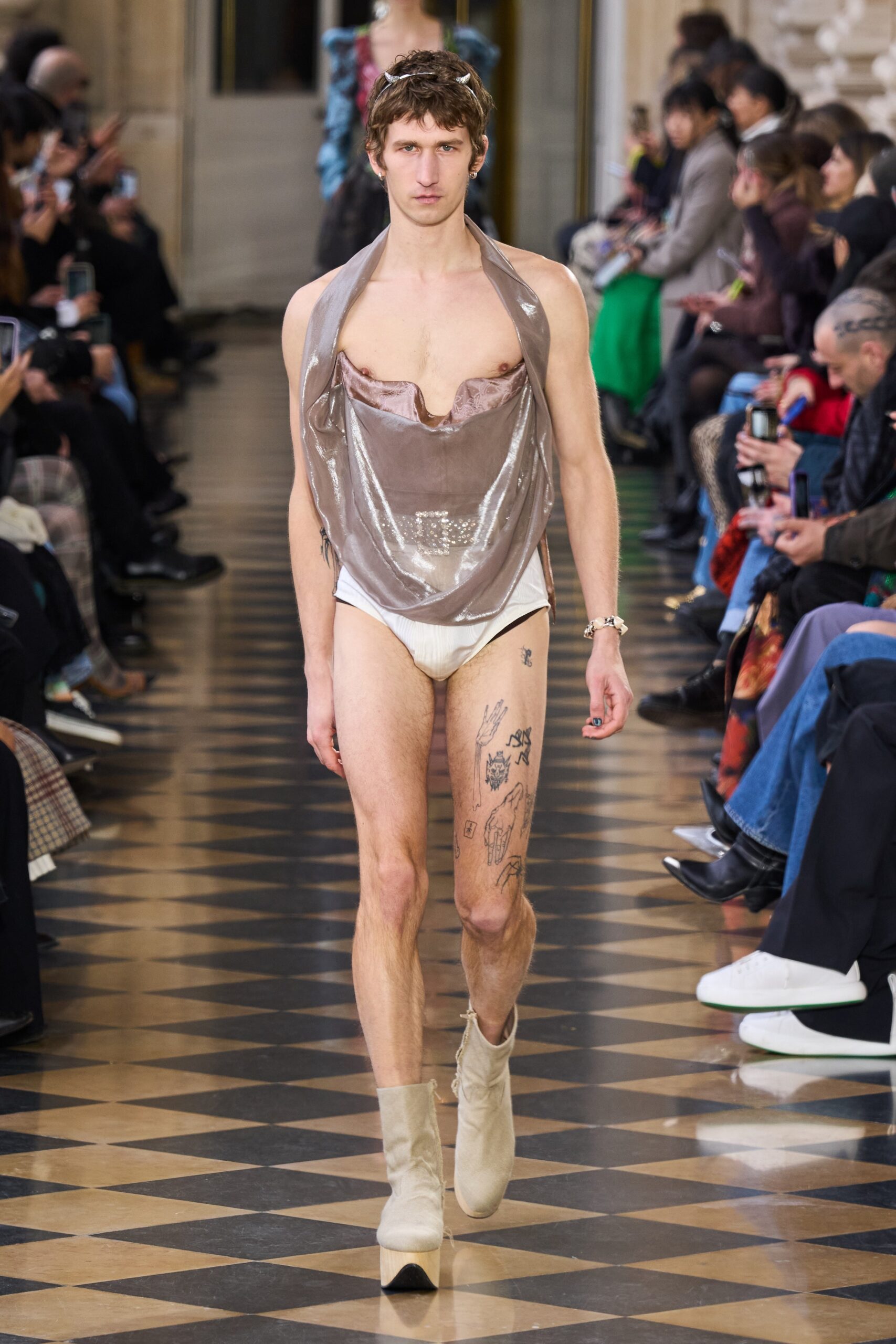 gray silk draped bodysuit