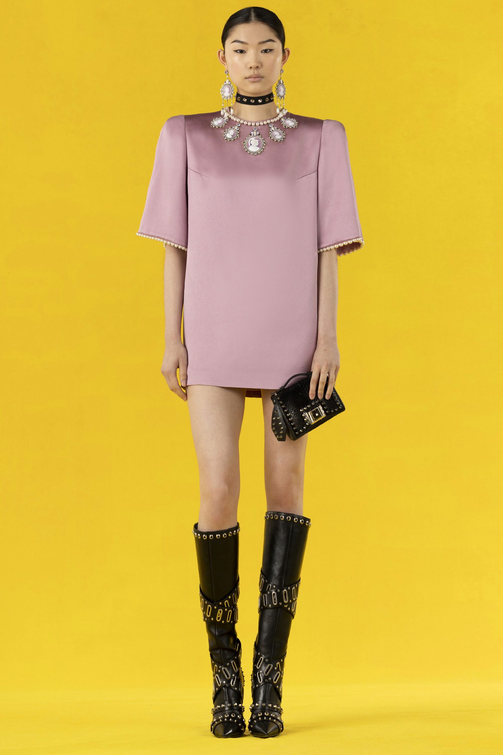 pink silk mini dress with boots