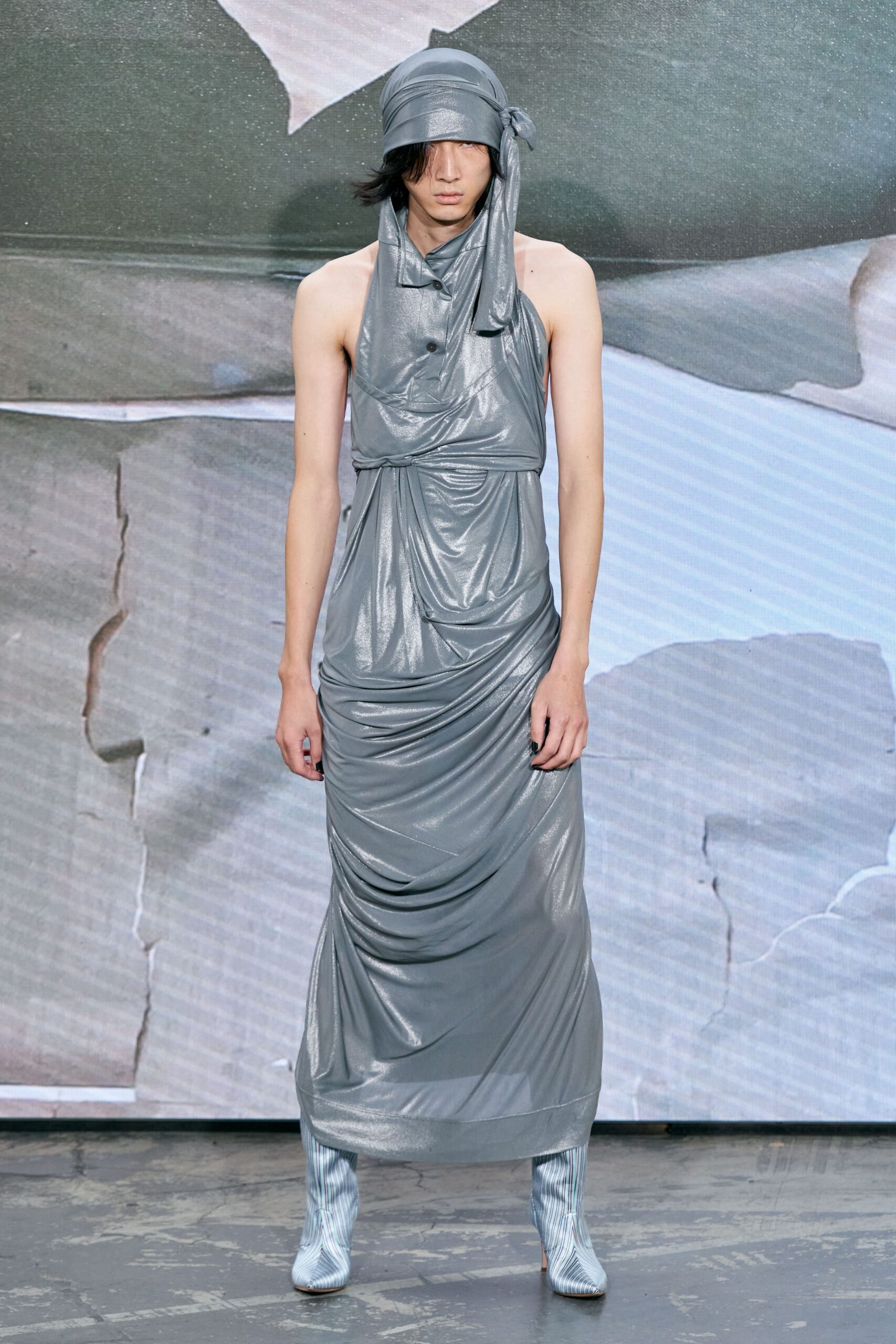 gray vinyl sleeveless high-neck fitted draped shiny dress