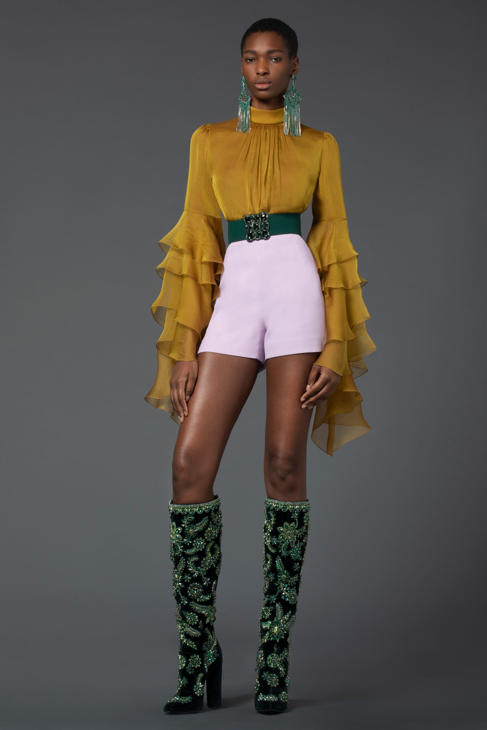 yellow chiffon long-sleeve high-neck fitted ruffled flowing blouse