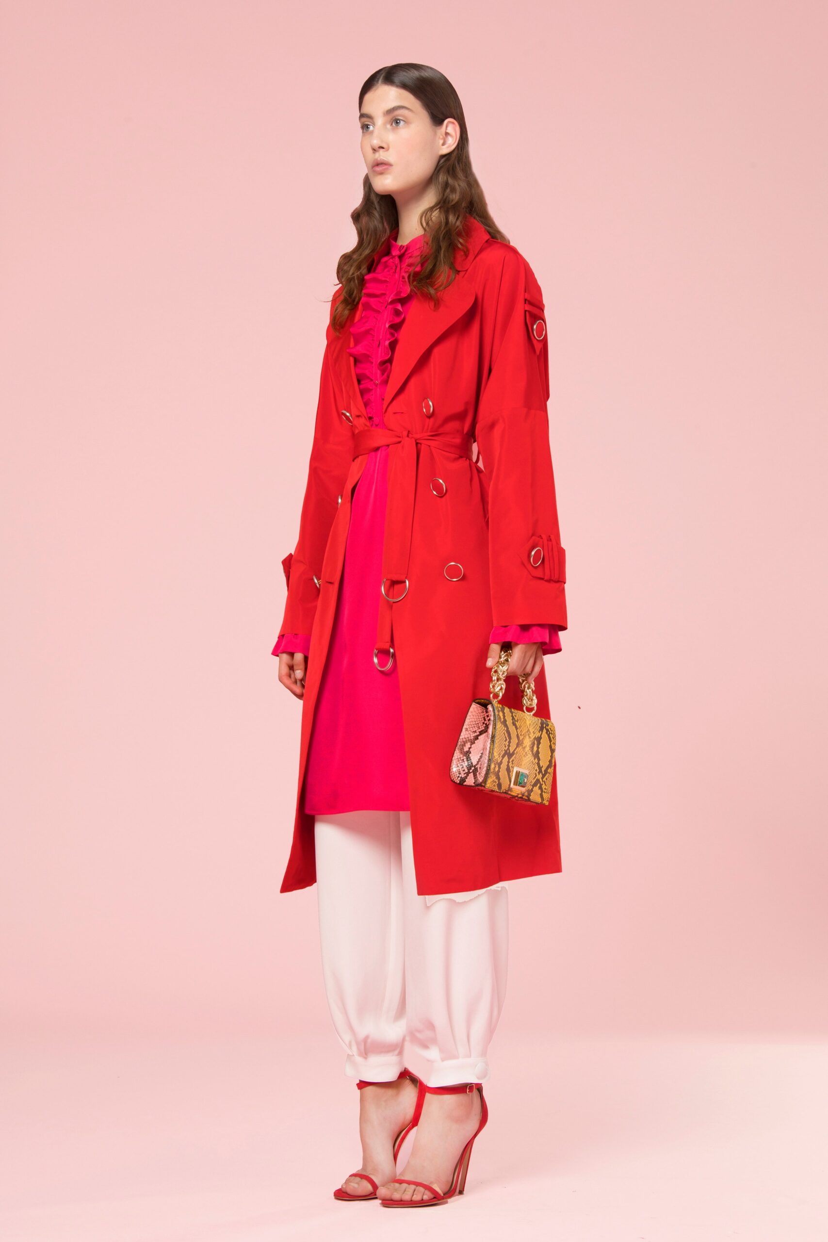 red long-sleeve collared fitted belted trench