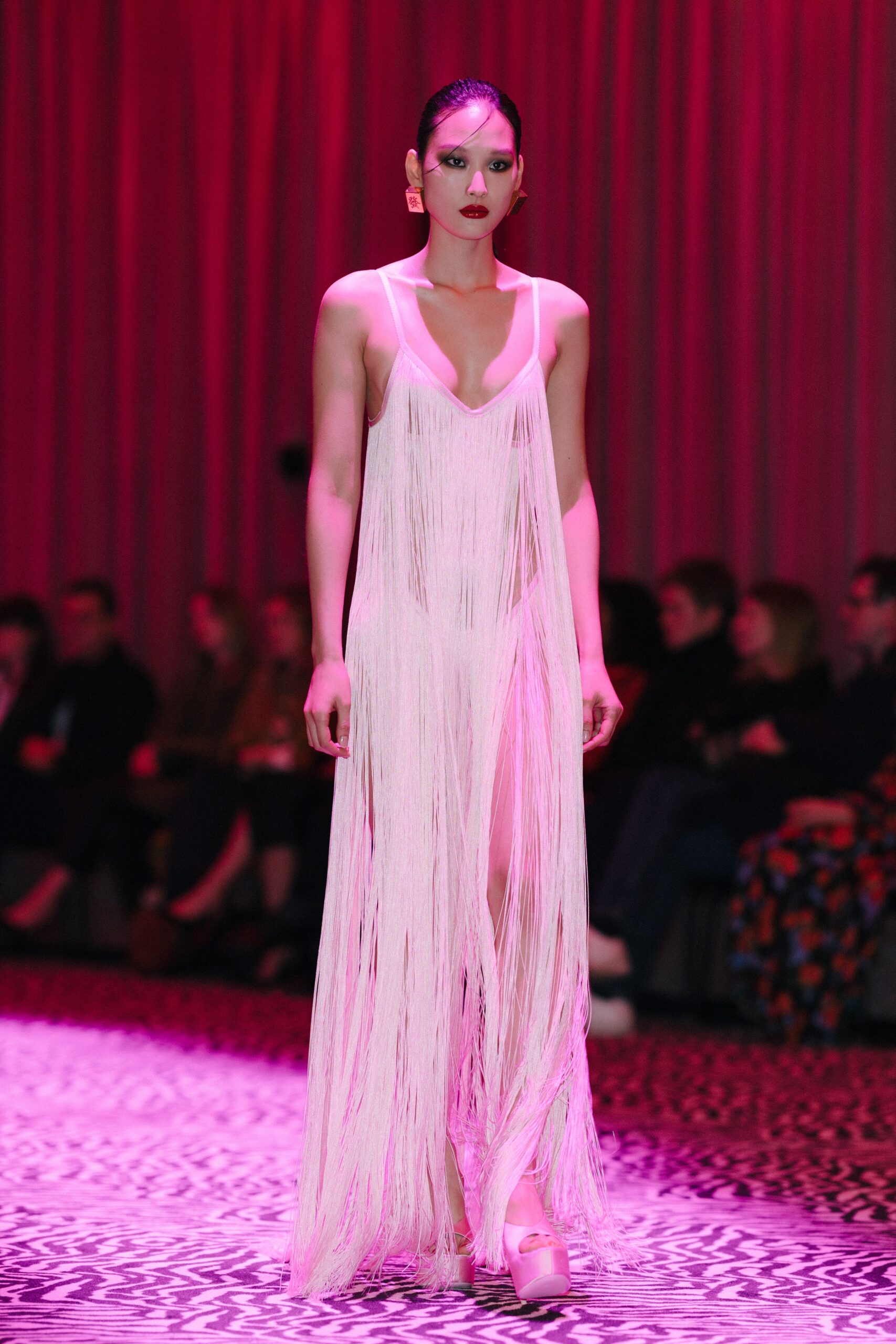 white silk sleeveless fringed dress