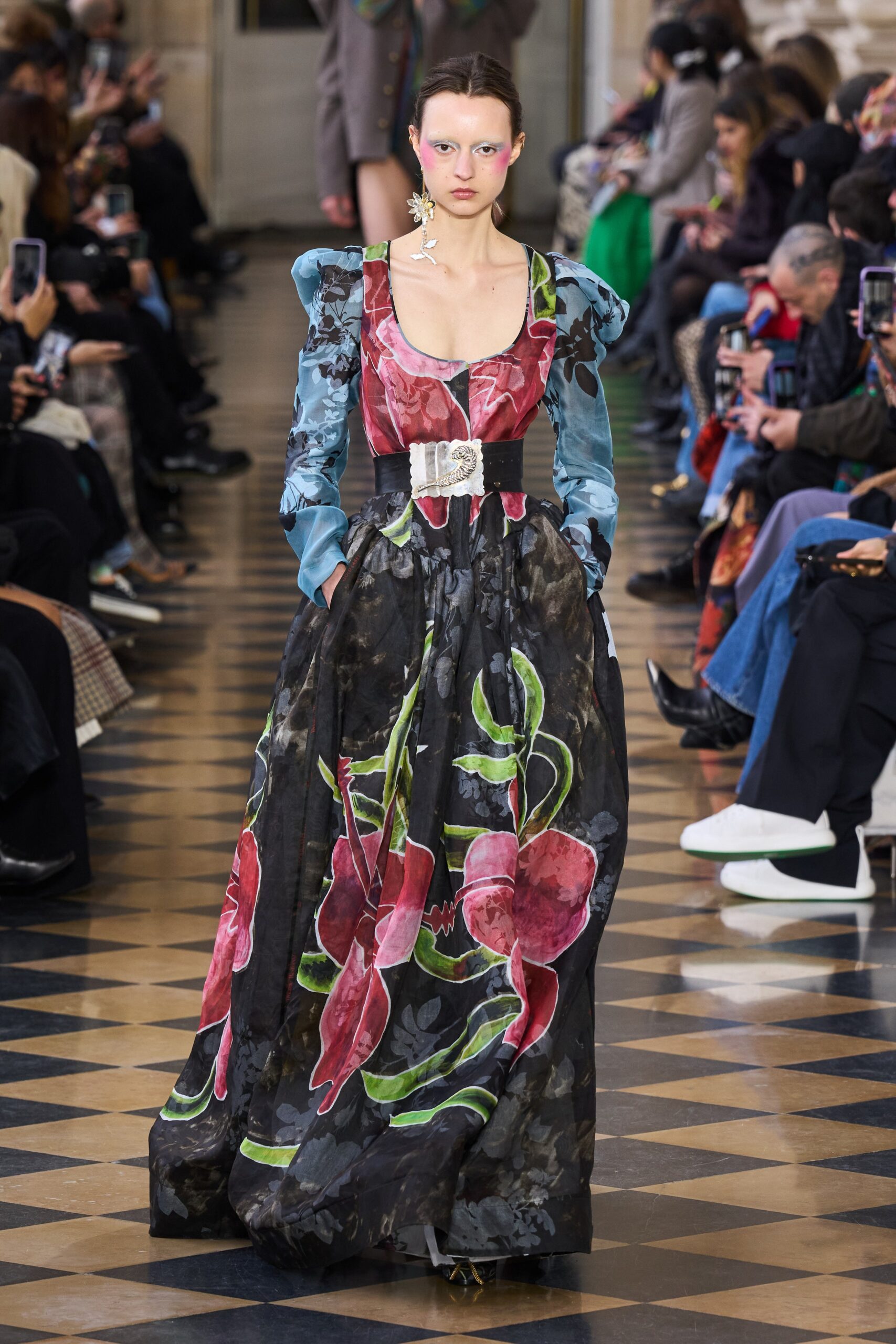 floral printed black gown with belt