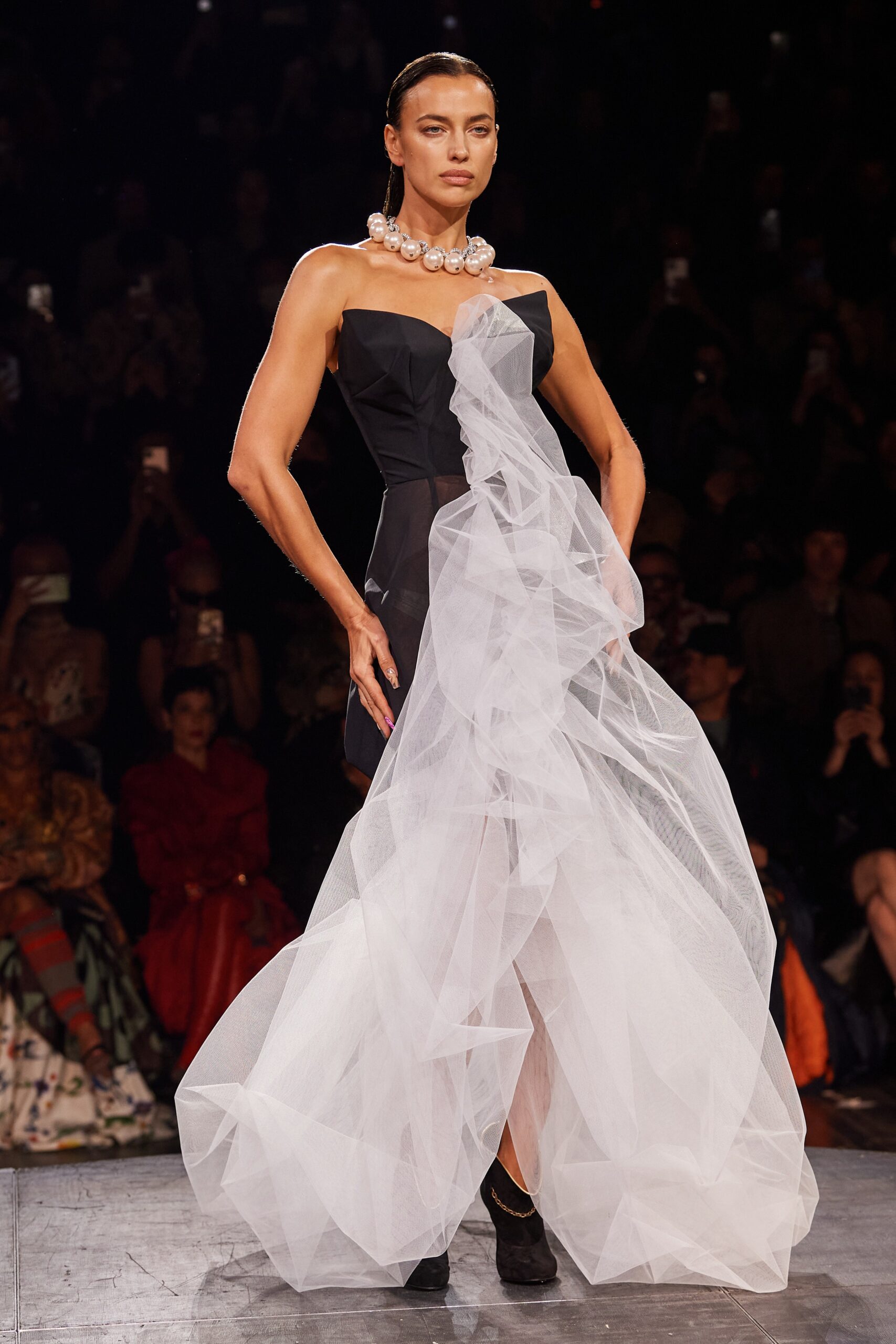 black and white strapless draped dress