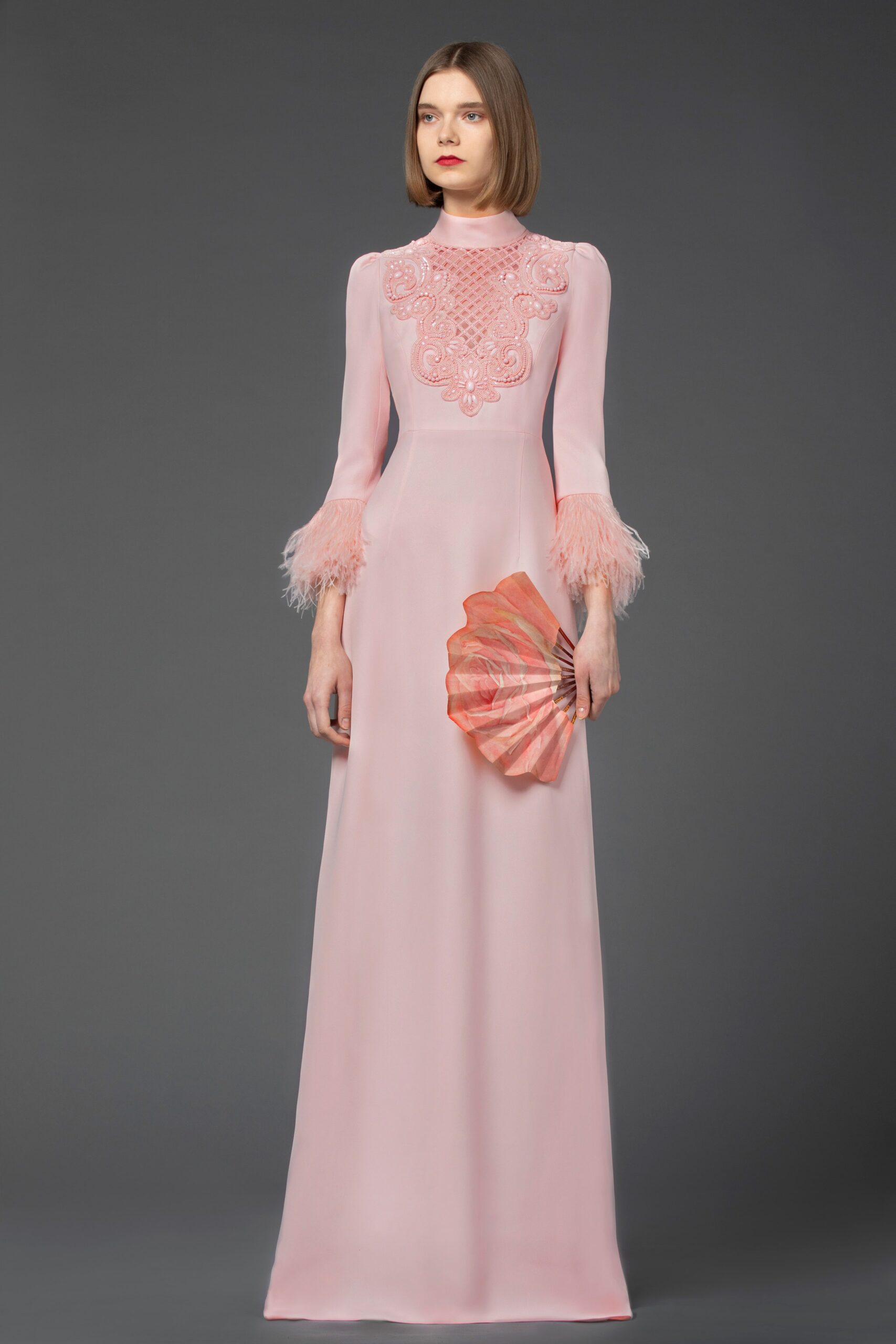 pink silk embroidered gown