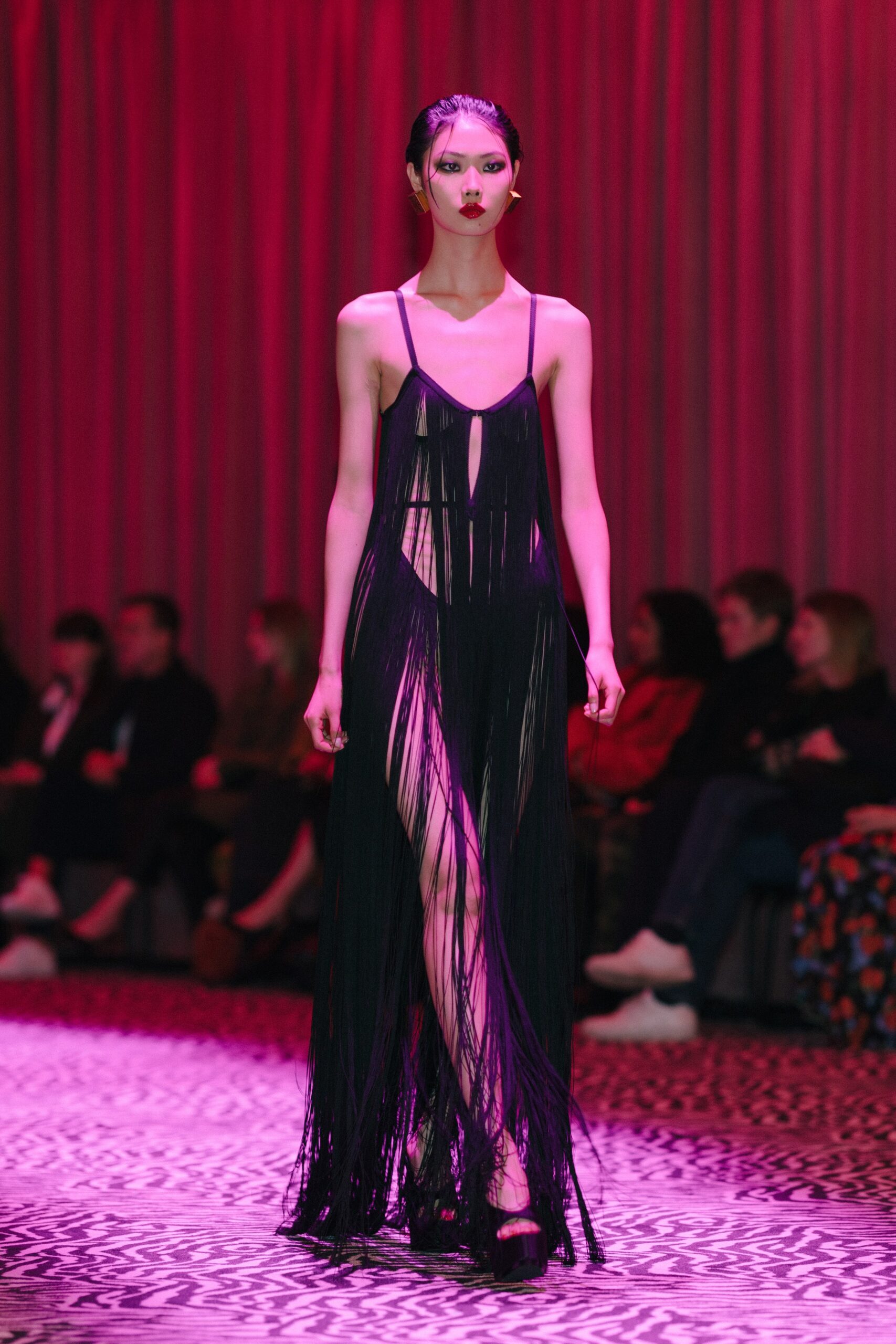 black silk fringed maxi dress