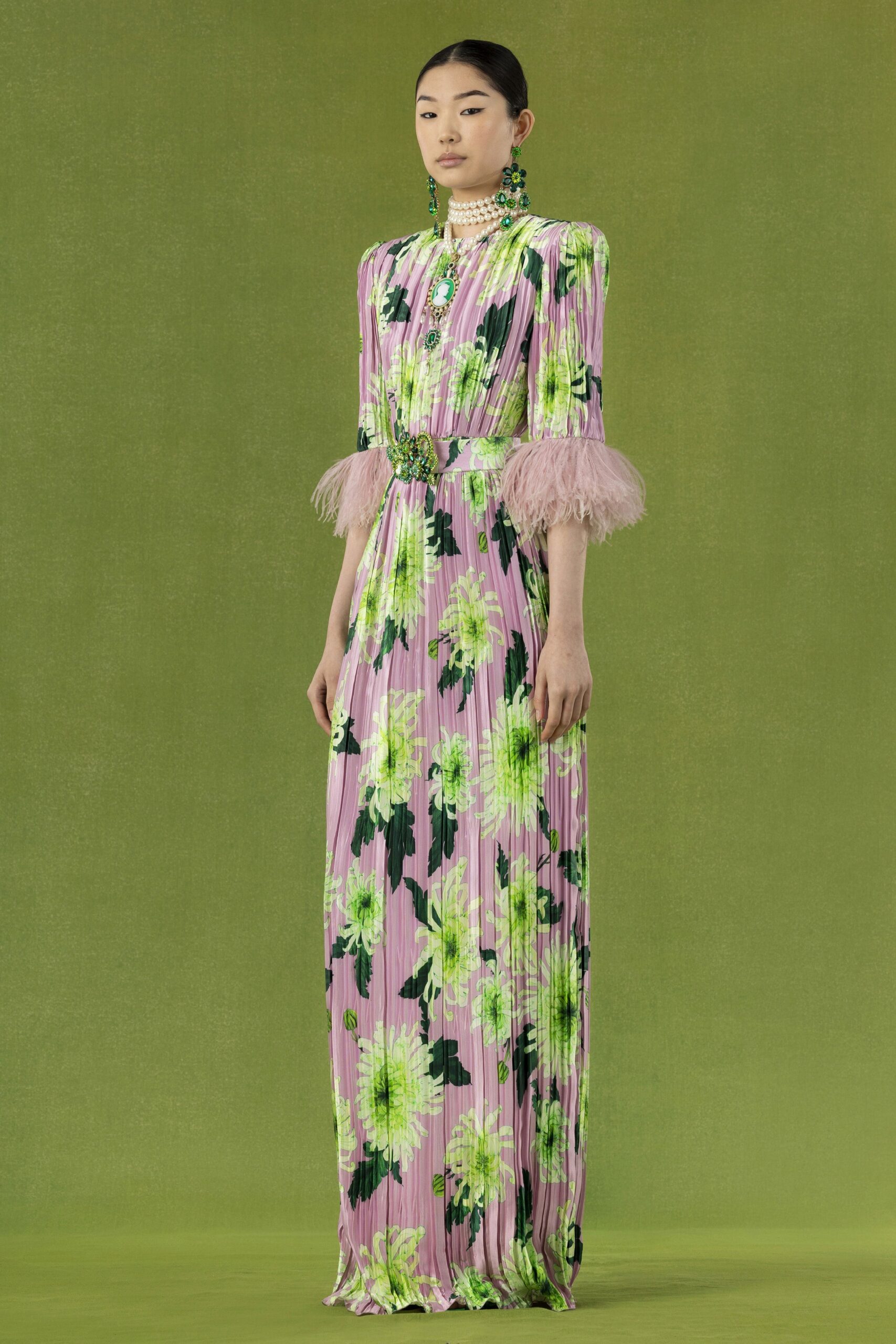 pink floral pleated gown