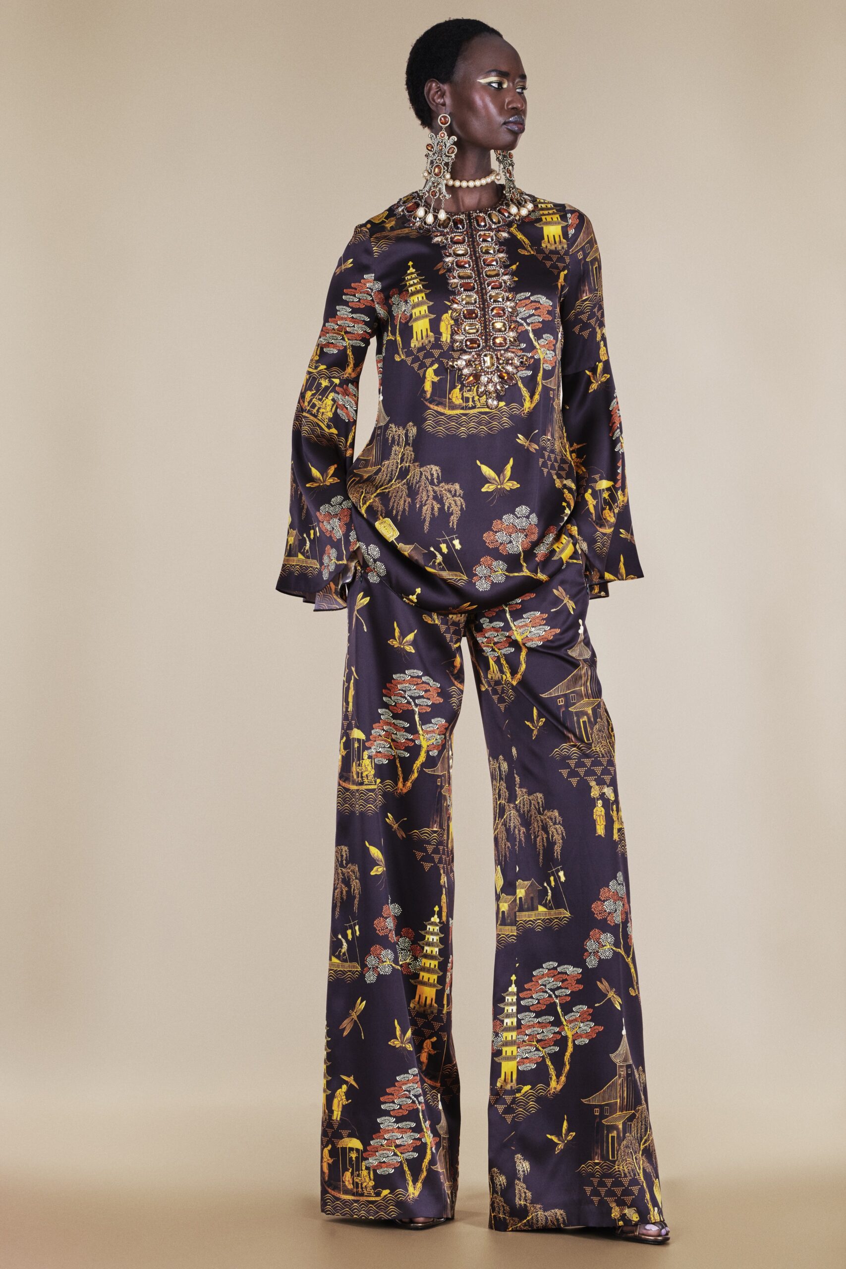 black and gold embroidered top and pants